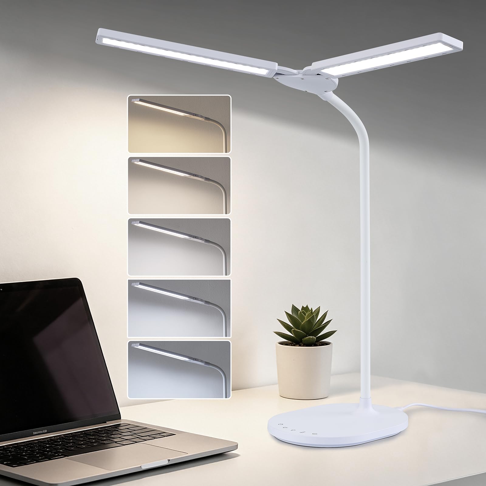 G Keni LED Desk Lamp, 2400 Lux Bright Desk Lamp for Home Office, Dual Head Adjustable Desk Lamp with 5 Color Modes, Stepless Dim