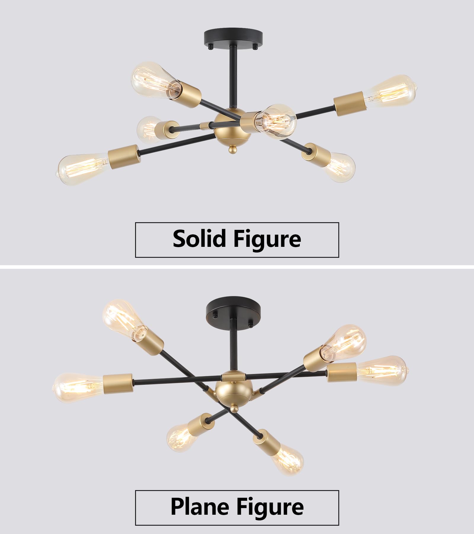 MEIXISUE 6-Light Sputnik Chandelier - Modern Black and Gold Semi Flush Mount Ceiling Light Fixture for Hallway, Bedroom, Kitchen, Dining Room
