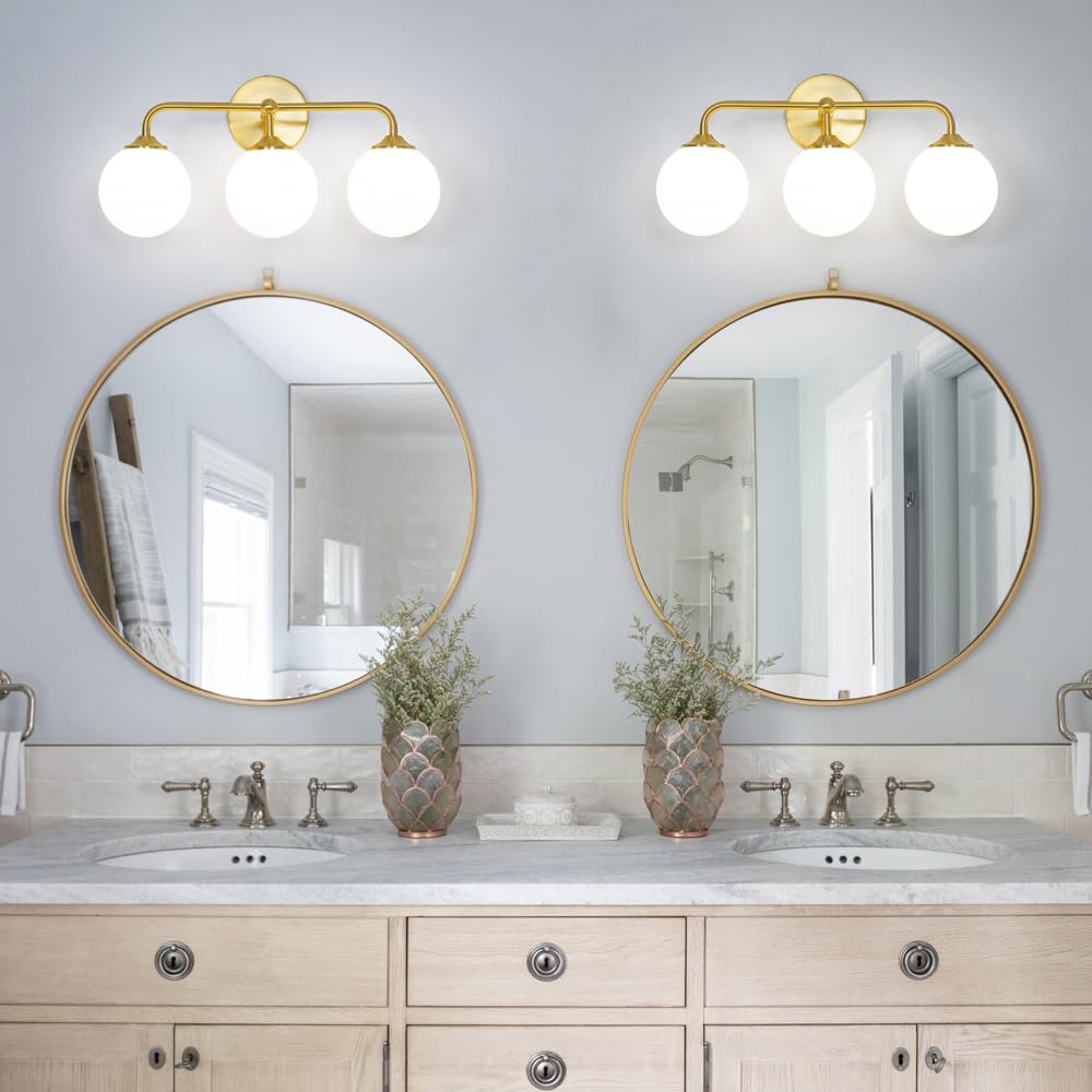 Modern Brushed Gold 3-Lights Vanity Light Fixtures With Milky White Glass Ball Shades  Mid Century Brass Wall Sconce Lighting Fixtures Over Mirror  Wall Sconces For Bathroom Dressing Table Bedroom