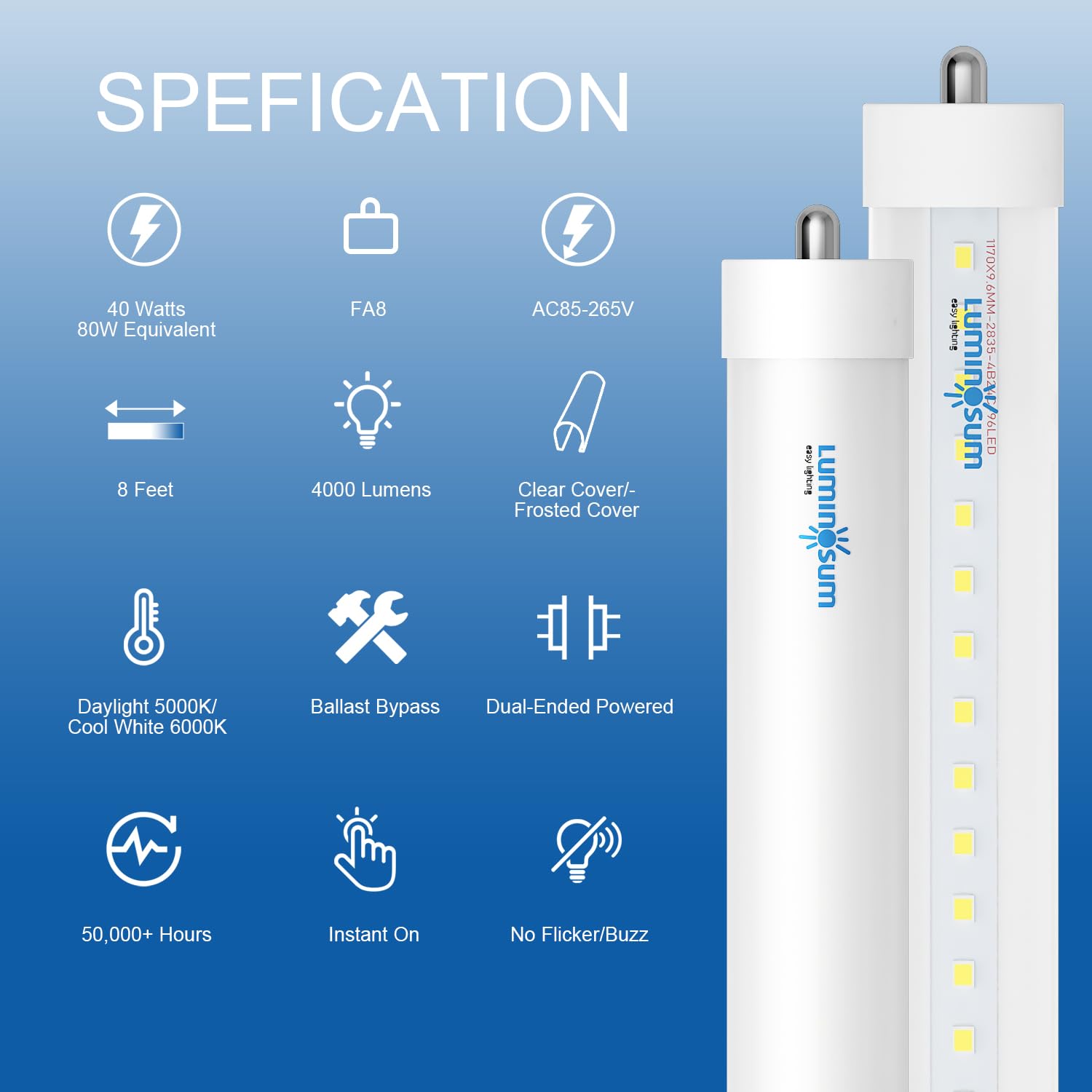 Luminosum 8Ft T8 Led Tube Light 40W, Cool White 6000K, Etl Certified,