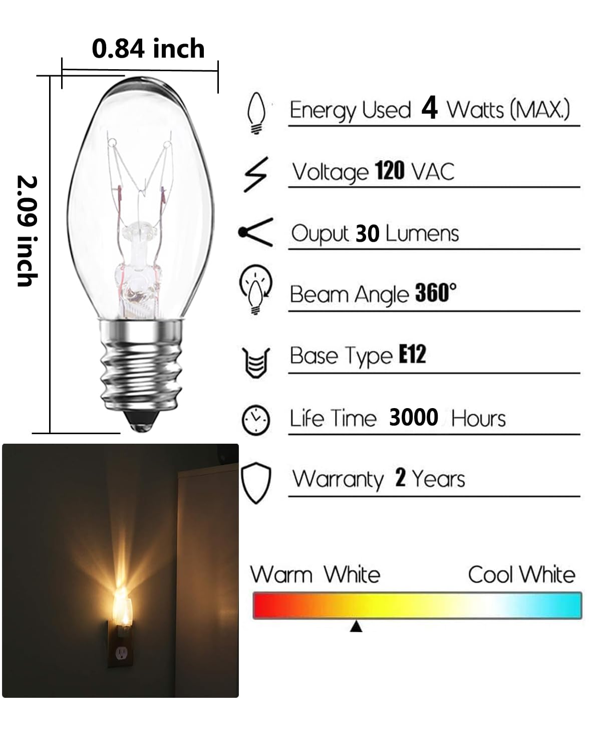 Snnalosses Night Light Bulbs 4 Watt -C7 D  Cor Small Light Bulb - E12 Candelabra Base- Night Light Warm White Replacement Bulbs,