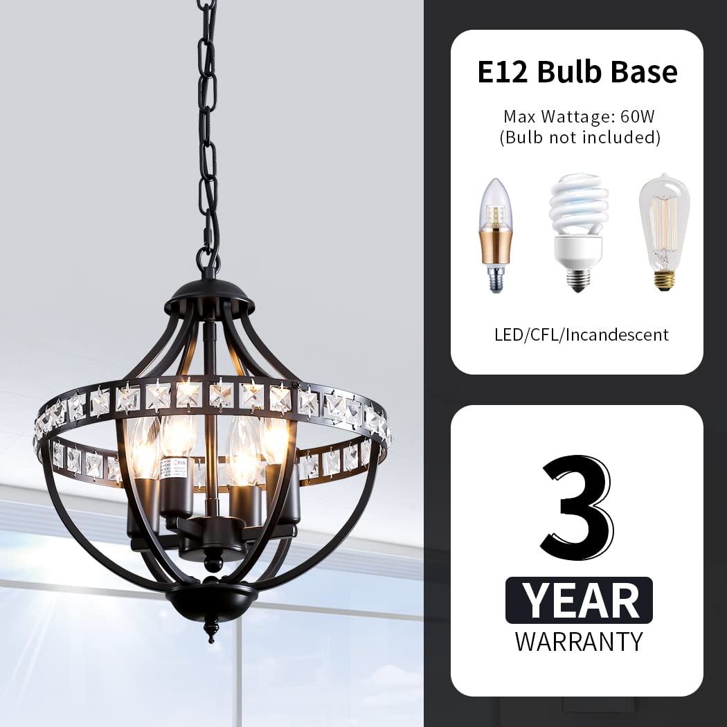 Lanpesting Crystal Chandelier, 4-Light Black Pendant Lighting, Vintage Farmhouse Design, Model CH-A155-4, Ideal for Kitchen & Dining Room