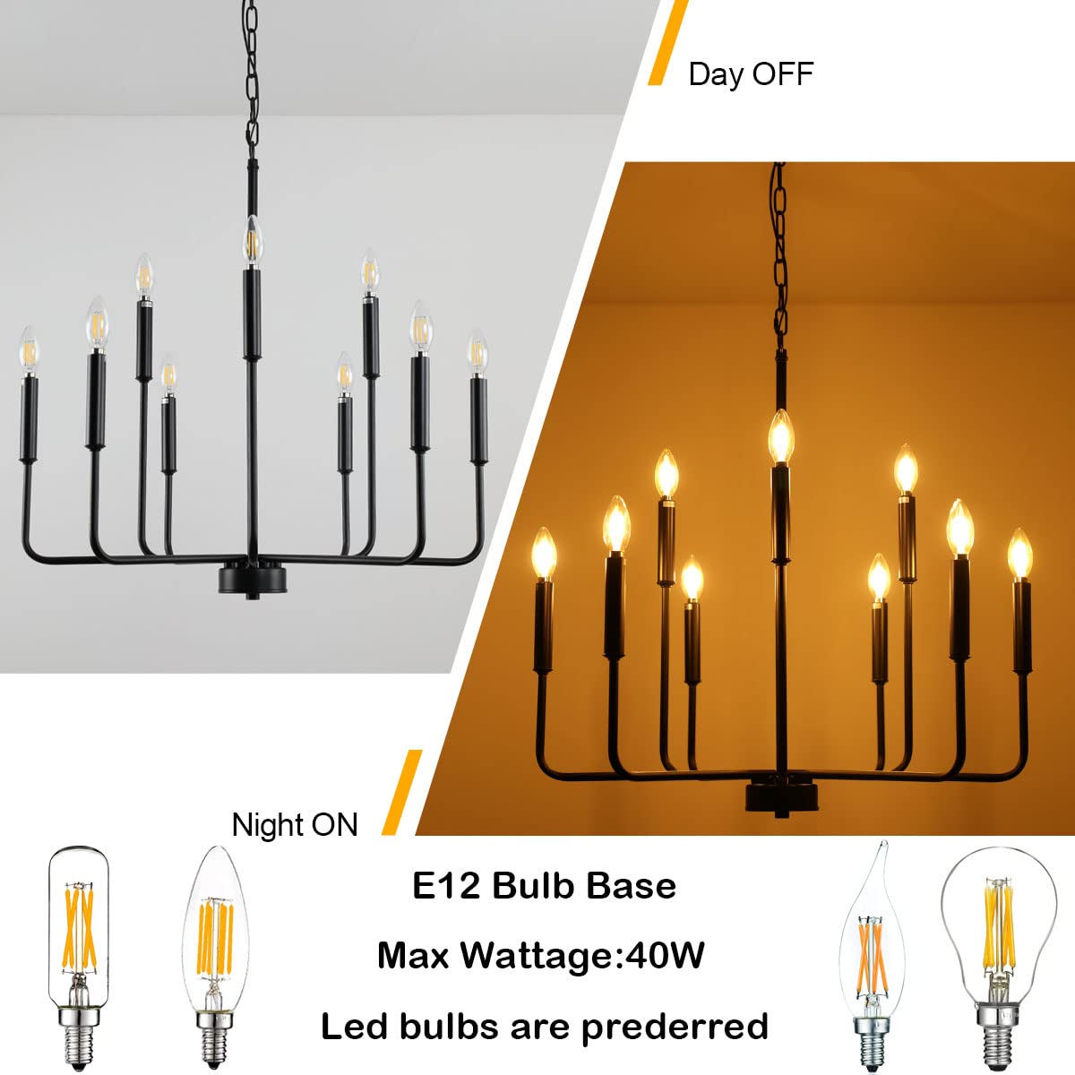 Gifarich Black Chandelier Light Fixture for Dining Room, 12 Lights, Metal, Gold, Model 8836