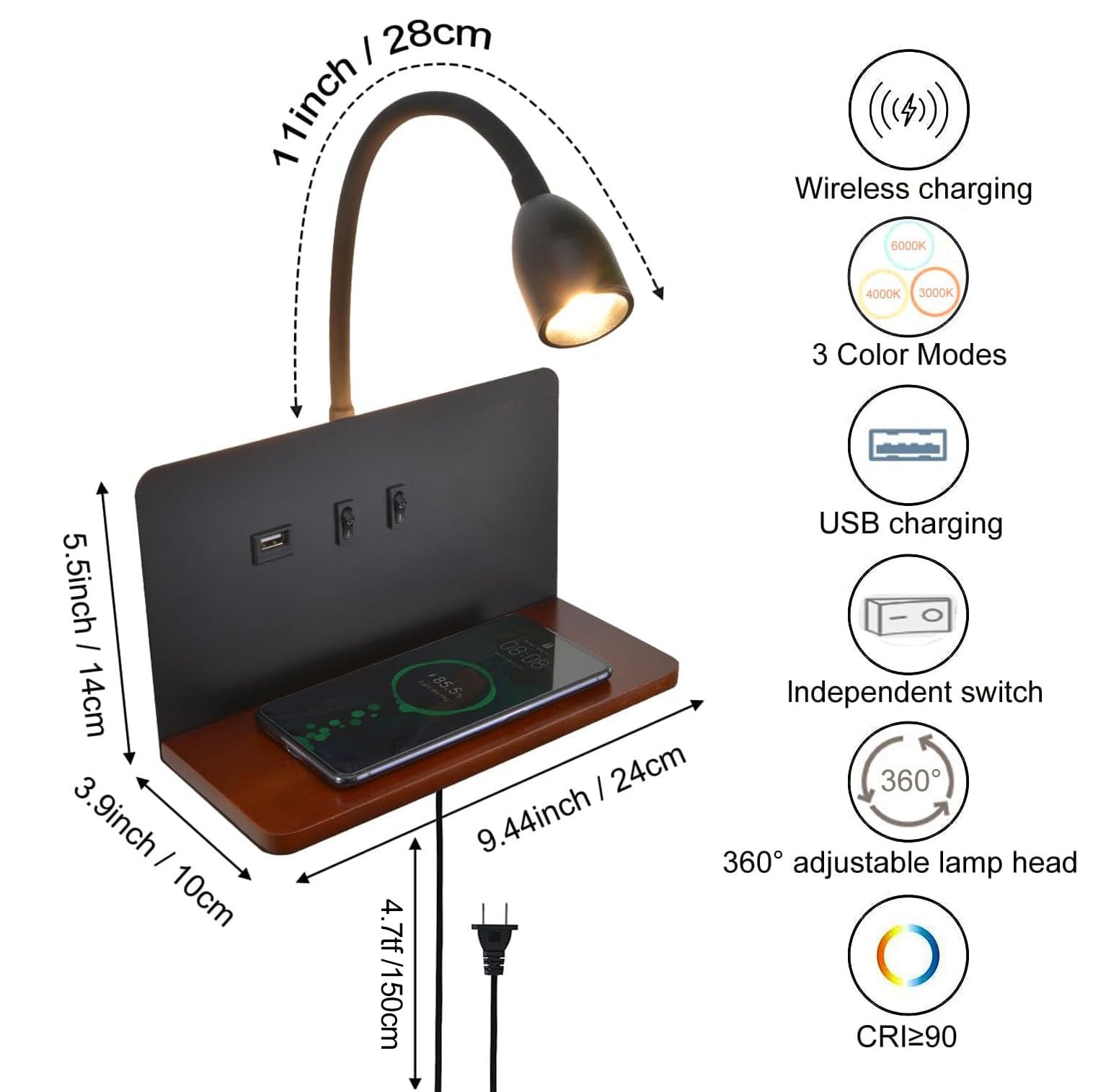 Bedside Wall Sconces With Wireless Charging Station & Usb Charging, 3 Adjustable Color Temperatures Led Reading Lamp, 3000K Warm