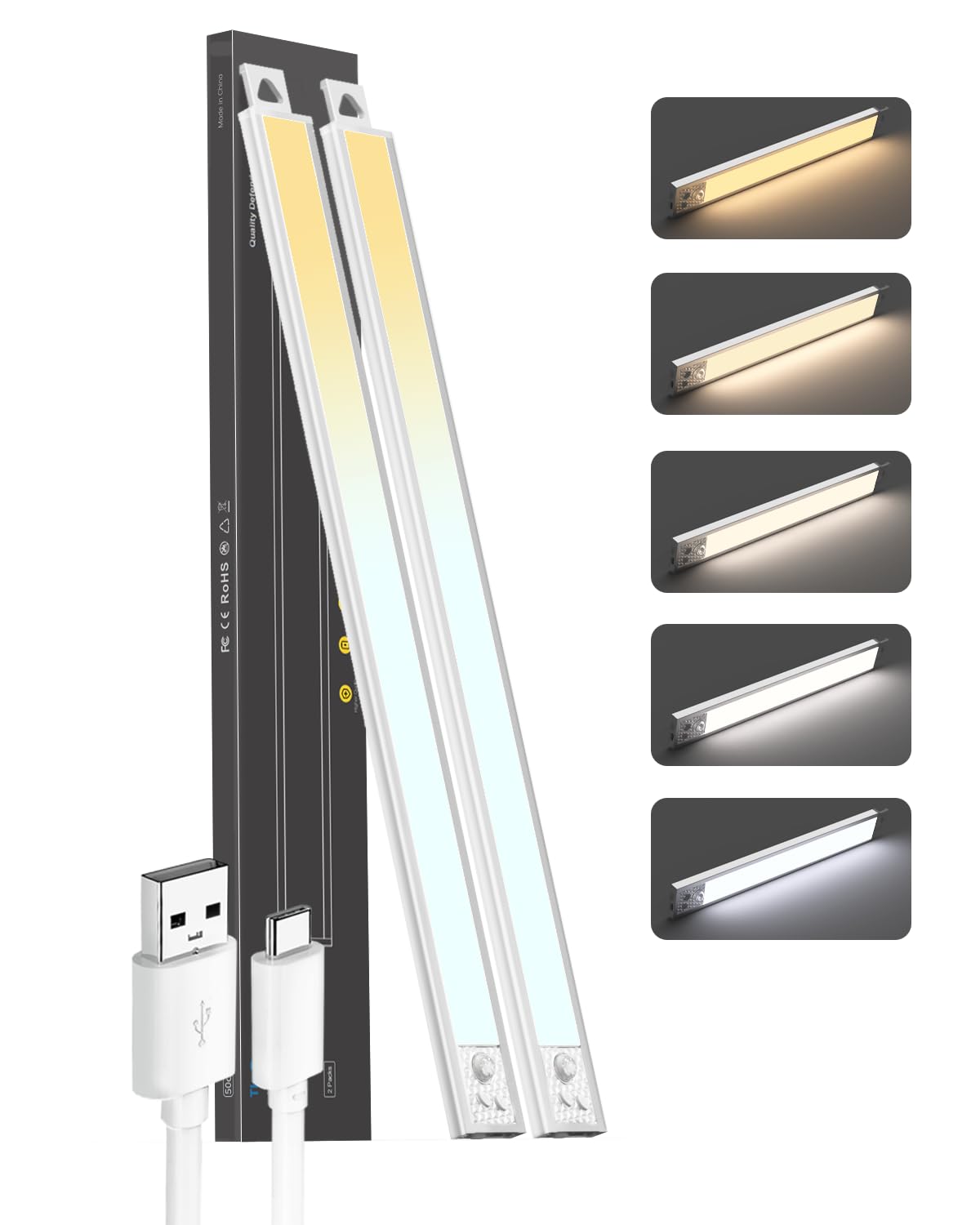 Under Cabinet Lights, 20'' LED Motion Sensor 5CCT Dimmable Lighting, 2500mAh Rechargeable Closet Light Battery Operated Under Co