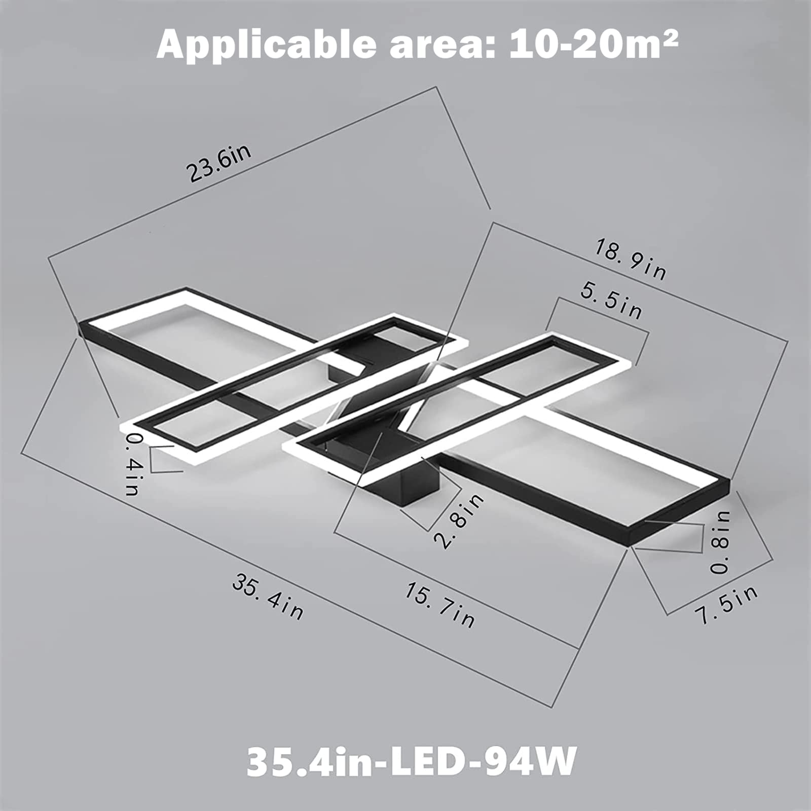 Fbfc 35.4'' Modern Led Ceiling Lights Fixture, 94W Black Dimmable Chandelier, Rectangular, With Remote Control Diningroom Lamp,