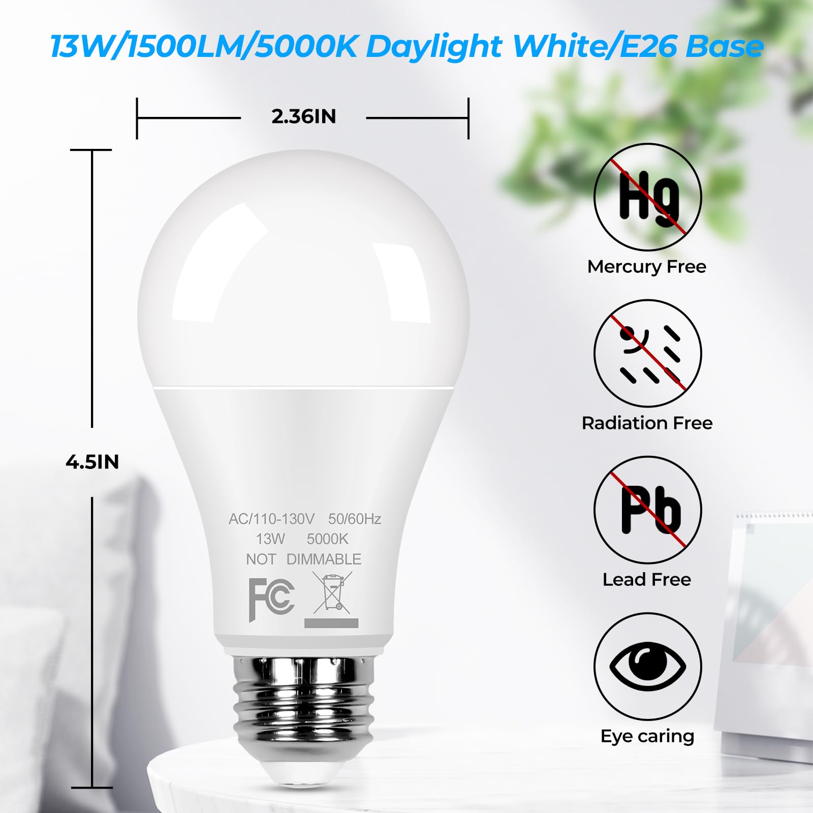 12-Pack A19 Led Light Bulbs, 100W Equivalent Bulbs, 13W 5000K Daylight White Led Bulbs With Standard E26 Medium Base, Super Bright 1500 Lumens, Cri85+, No Flicker Non-Dimmable Bulbs For Lamp