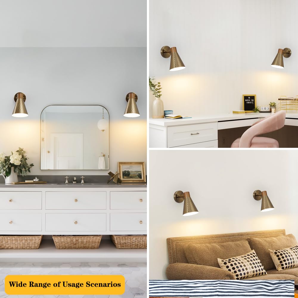 Dsmjfu Gold Wall Sconces Set Of Two, Vintage Rotateable Wall Light Set Of 2, Bedside Sconces Wall Lamp With Hammered Metal Shade, Modern Brass Wood Sconce Wall Lighting For Bedroom Living Room Hallway