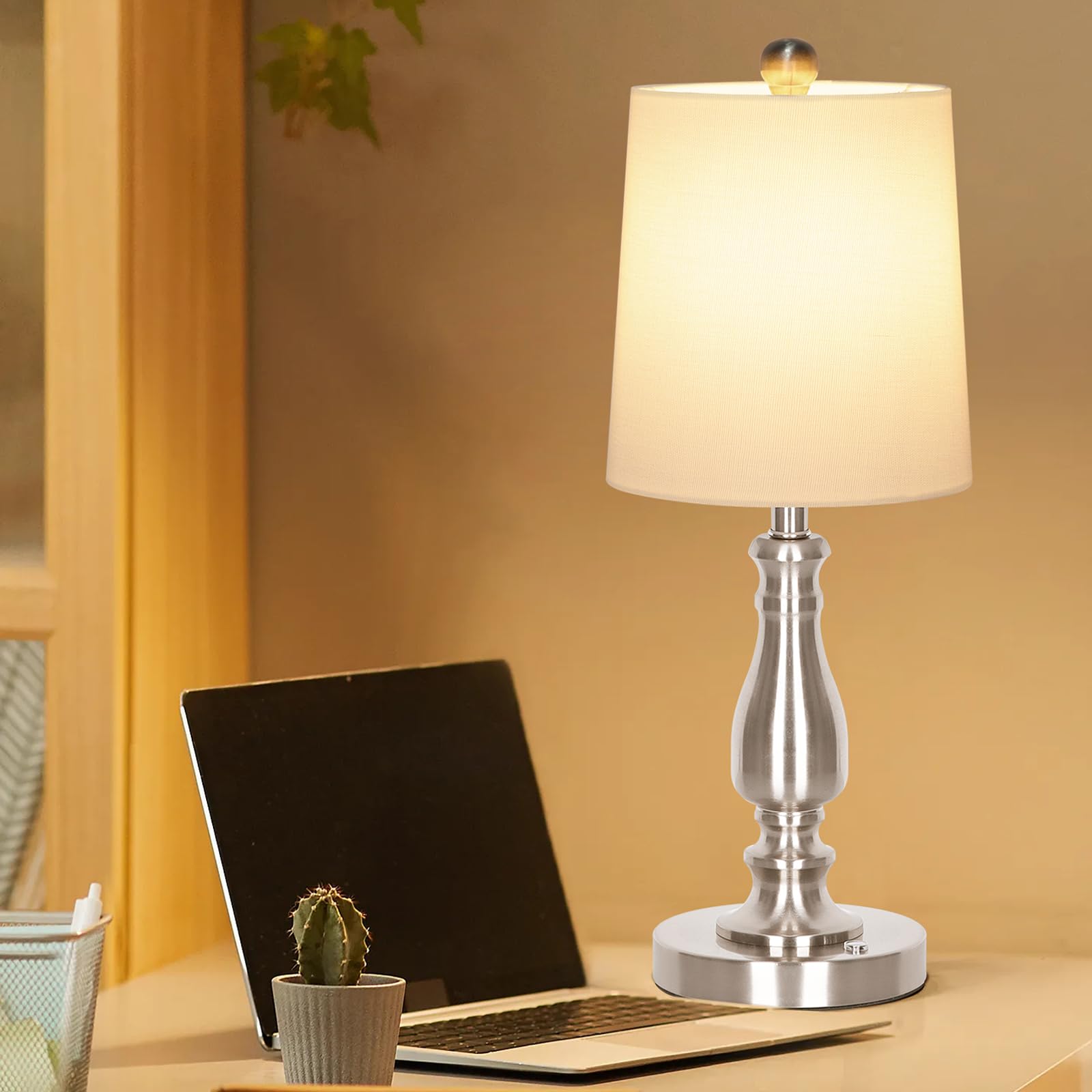 Dott Arts Cordless Table Lamp Set of 2, 3-Way Dimmable, Nickel, Battery Powered, Modern Design, Model BTL4W-019