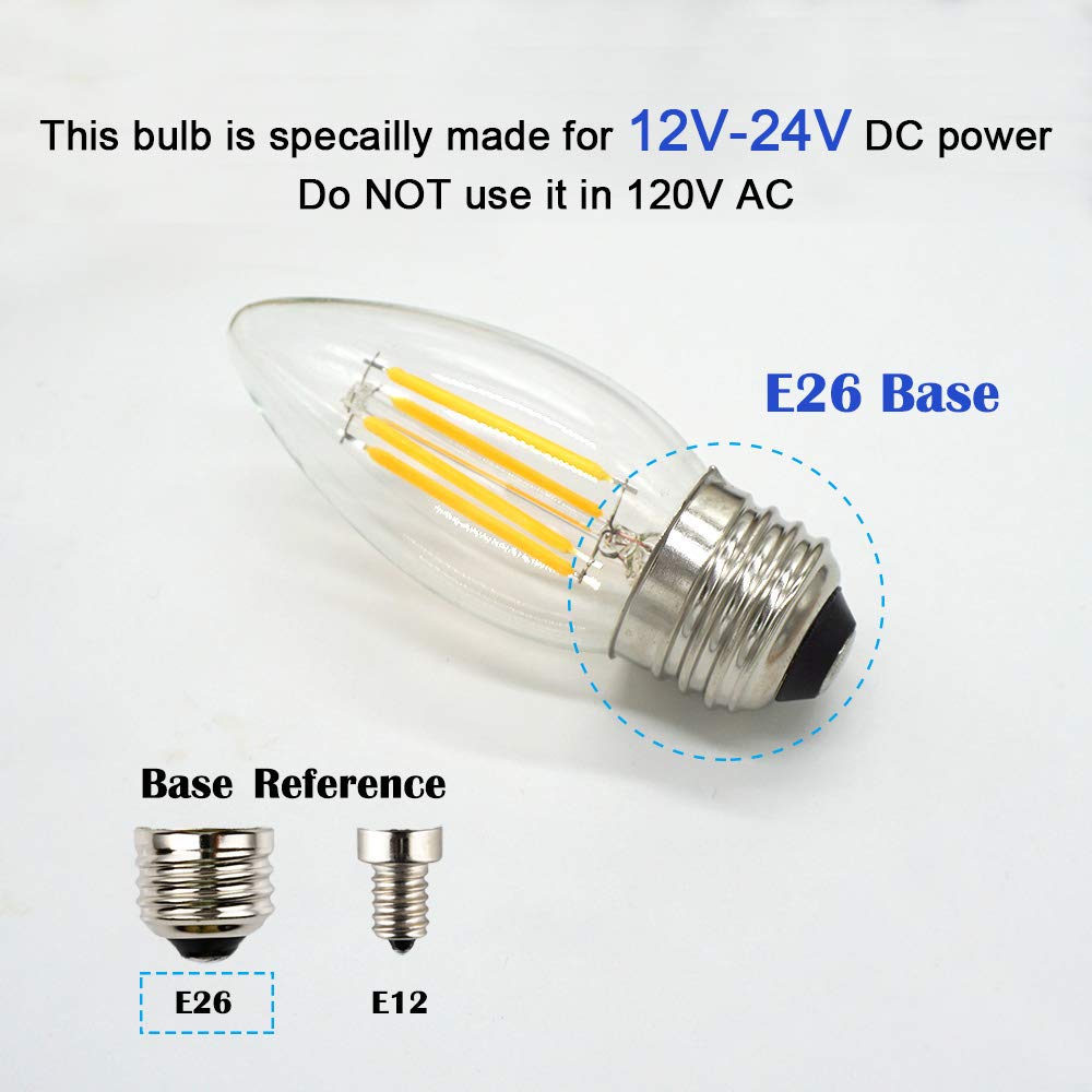 OPALRAY 4W LED Bulb, Dimmable, E26 Base, Warm White, 400Lm, 12V-24V, 5 Pack, Clear Glass Torpedo