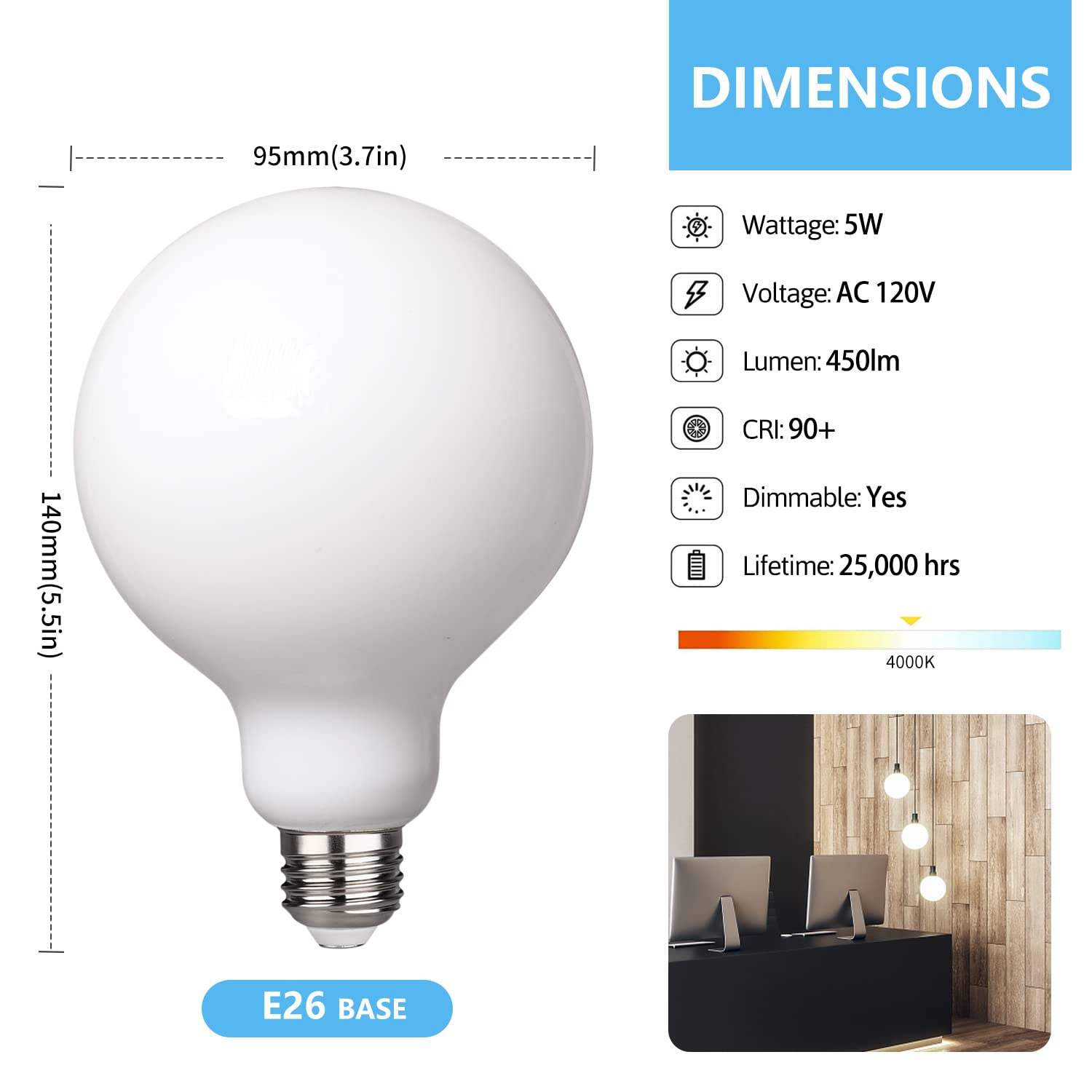 3 Pack G30 Led Globe Light Bulbs 4000K Neutral Light, 5.5W Decorative Globe Light Bulbs,E26 Base Led Bulbs, Cri>90 Perfect Use F