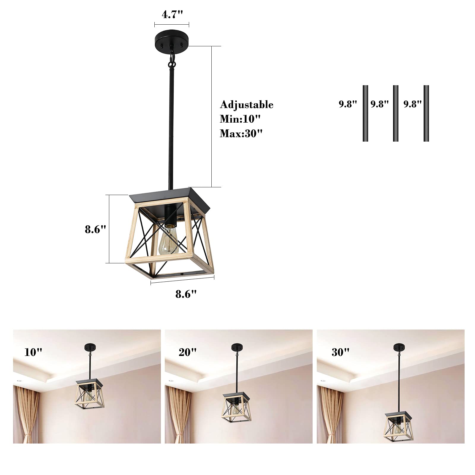 XIPUDA Kitchen Island Lighting, Rustic Pendant Light, Metal, Oak, Model XPD-0034