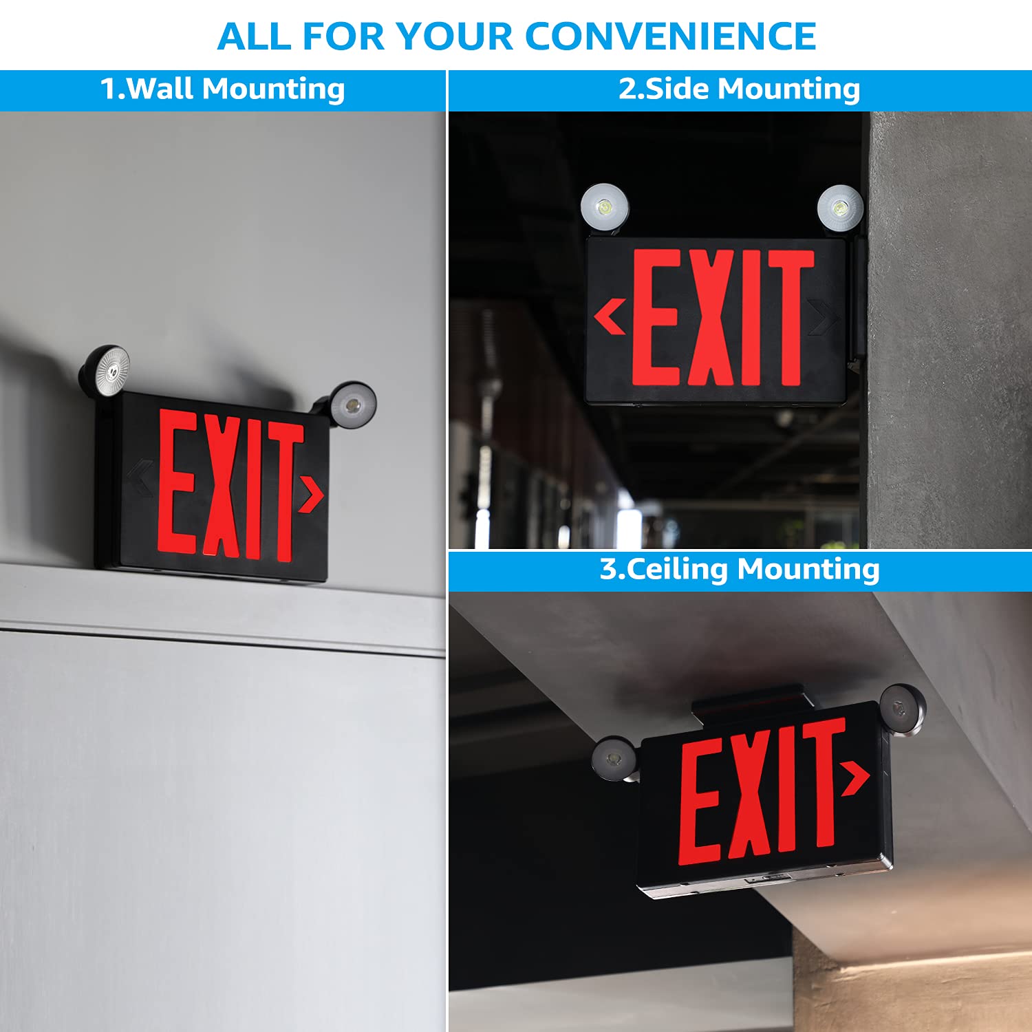 Torchstar Black Led Exit Sign With Emergency Lights, Ul 924, Emergency Exit Light With Battery Backup, Adjustable Heads, Fire Exit Sign With Lights, Double Face, Ac 120/277V, Damp Location, Pack Of 4