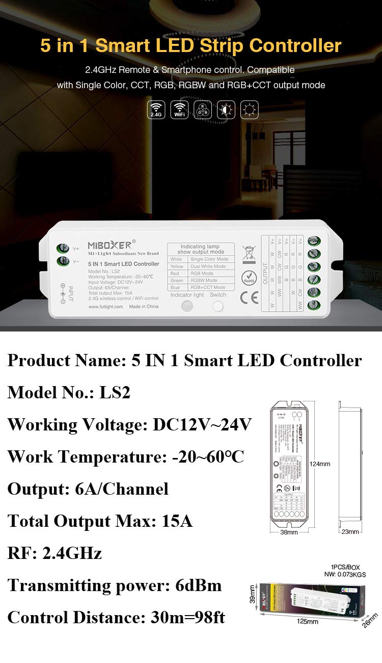 Lgidtech Ls2 Led Strip Light Controller, Rgb+Cct, Smartphone App Control, Pack Of 1, Plastic