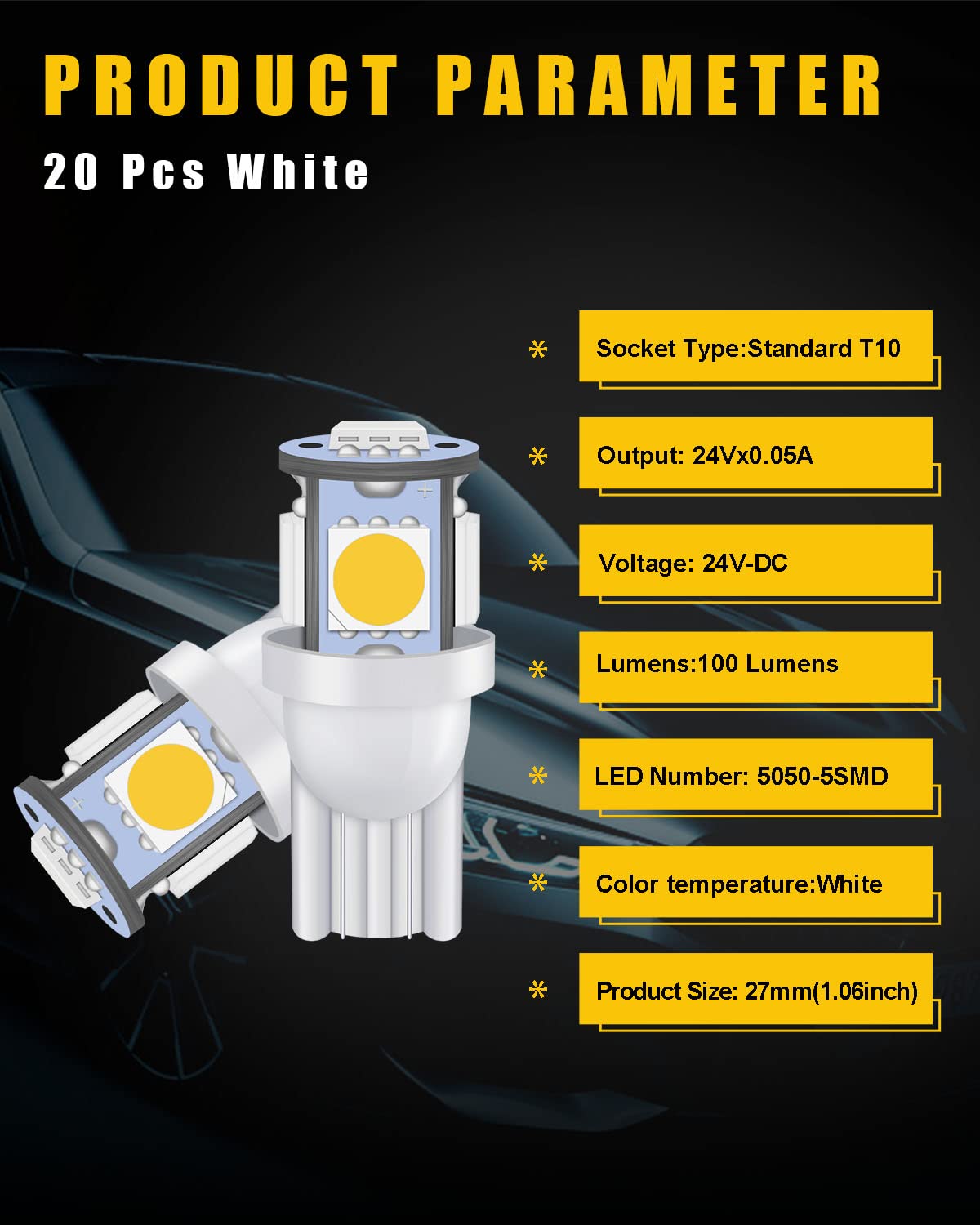 YM E-Bright T10 LED Bulb 194 168 Replacement for Truck Interior Lights, 24V White, Pack of 20