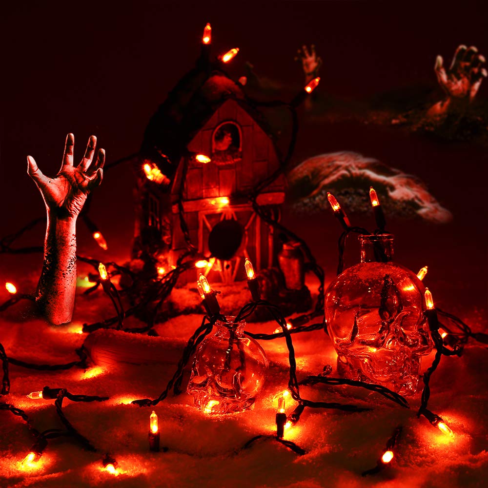 ODEETRONIC 33ft 100 LED Orange String Lights, Waterproof Indoor/Outdoor, Black Wire, UL Certified Halloween Decor