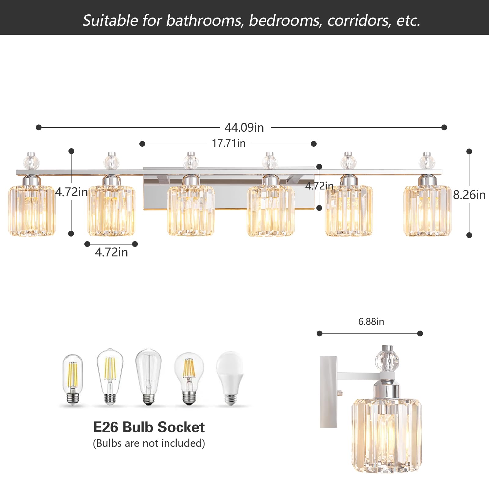 FDPBY 6-Light Chrome Crystal Bathroom Vanity Light Fixture Model 291