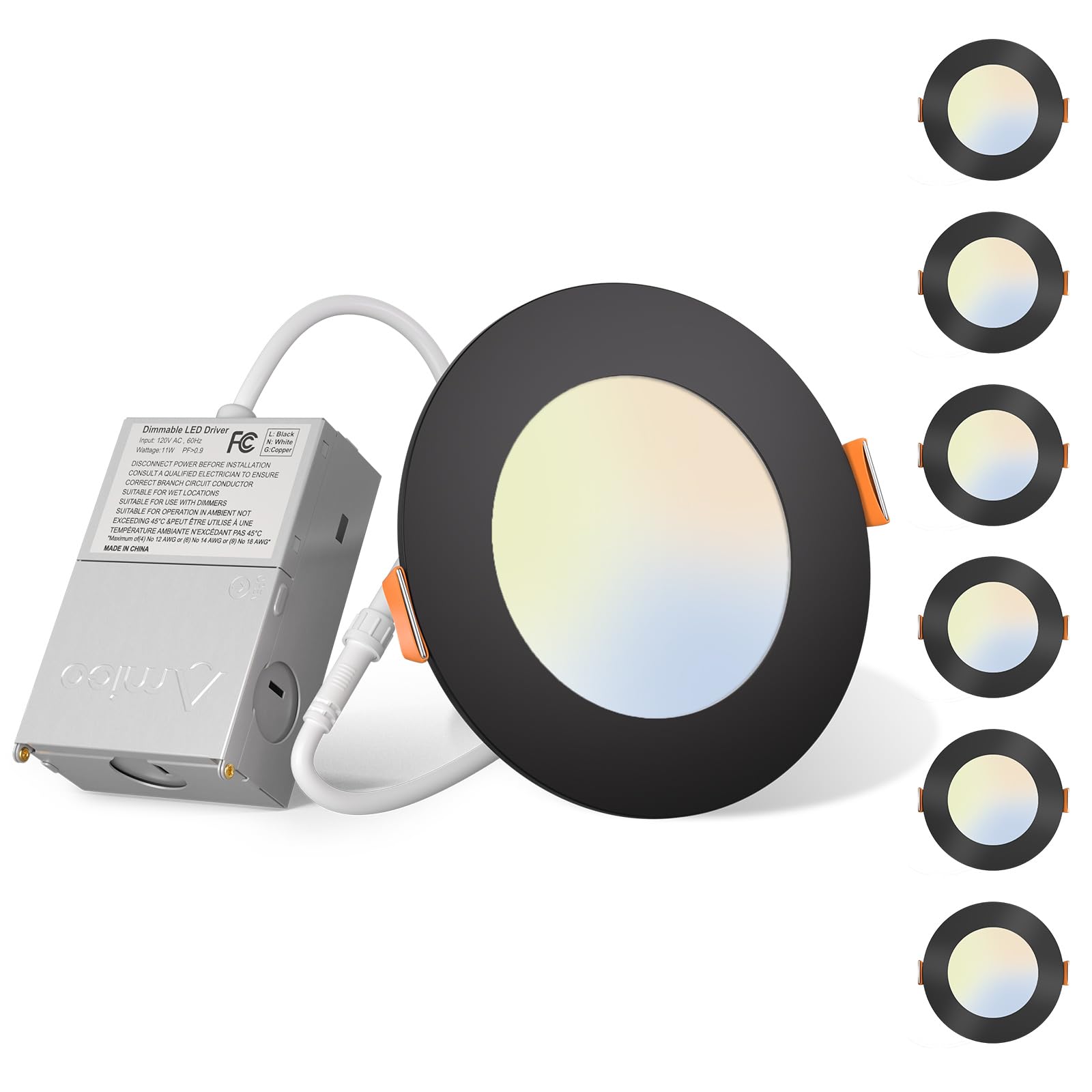 Amico 4 Inch Ultra-Thin LED Recessed Ceiling Light, 5CCT Selectable, Dimmable, 800LM, Black, Model KOK-4EJCT09