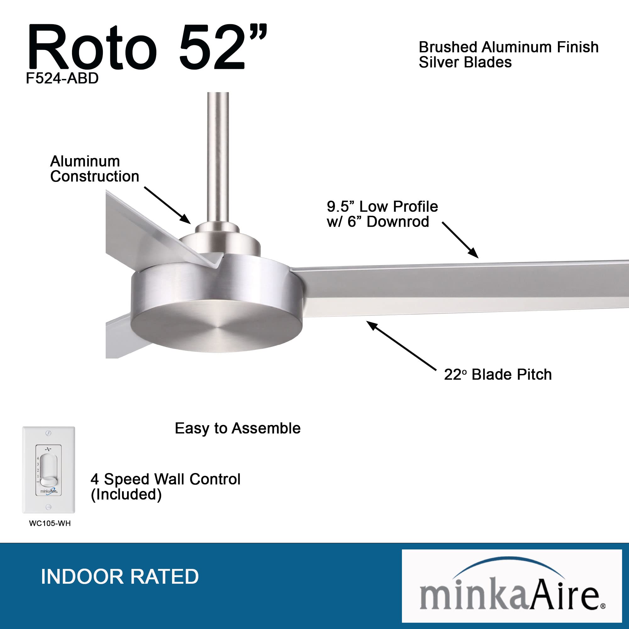 Minka-Aire F524-ABD, Roto, 52 Ceiling Fan, Brushed Aluminum