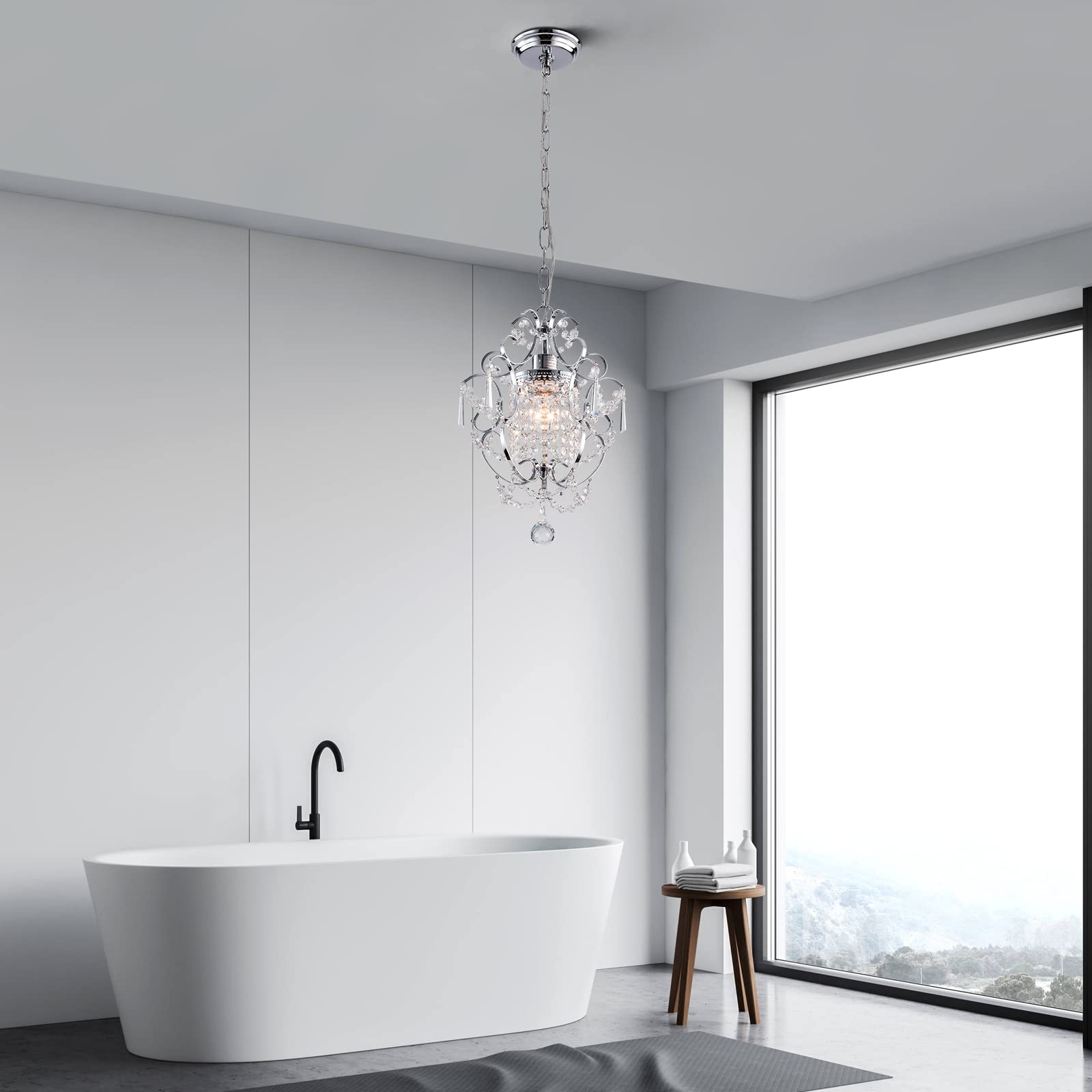 FLSFU Mini Chandelier Light Fixture, Chrome K9 Crystal Pendant for Bathroom, Dining Room, or Girls Room