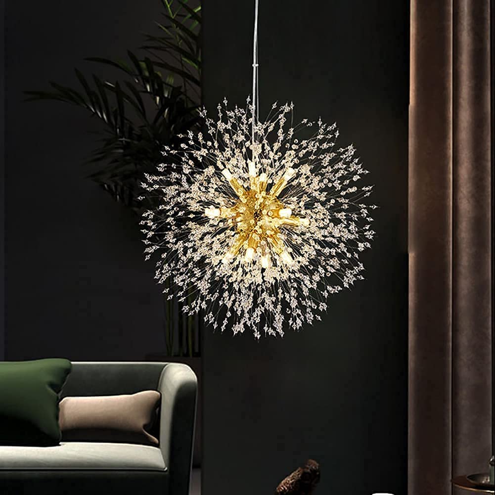 Yiisem Modern Gold Crystal Chandeliers, 16-Light Dandelion Firework Pendant Lighting, Hanging Chandelier Light Fixtures For Dining Room Bedroom Living Room Kitchen Island