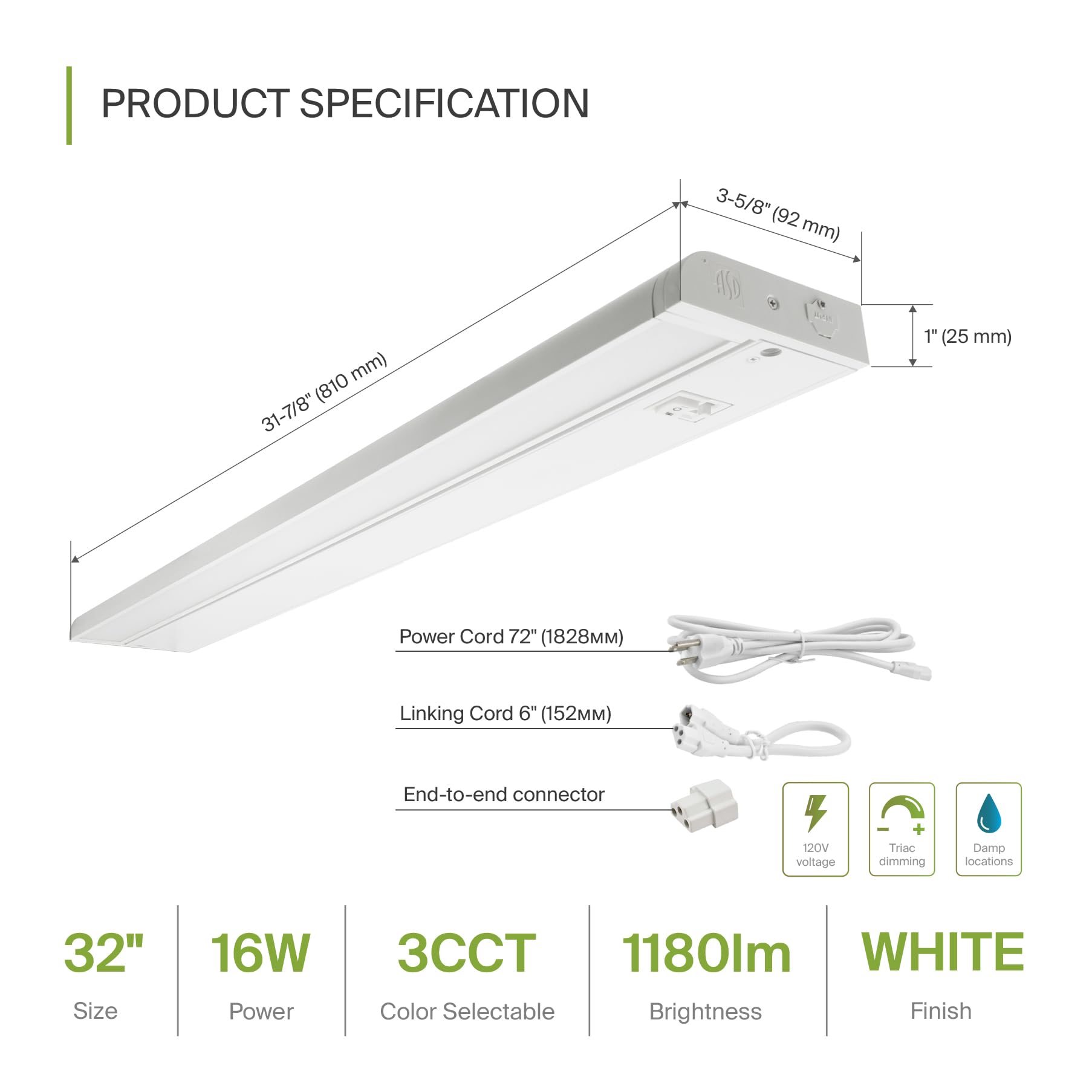 Asd Swivel Led Under Cabinet Light, 32 Inch, 16W, Dimmable, Hardwired/Plug-In, Aluminum Housing, 2700K/3000K/4000
