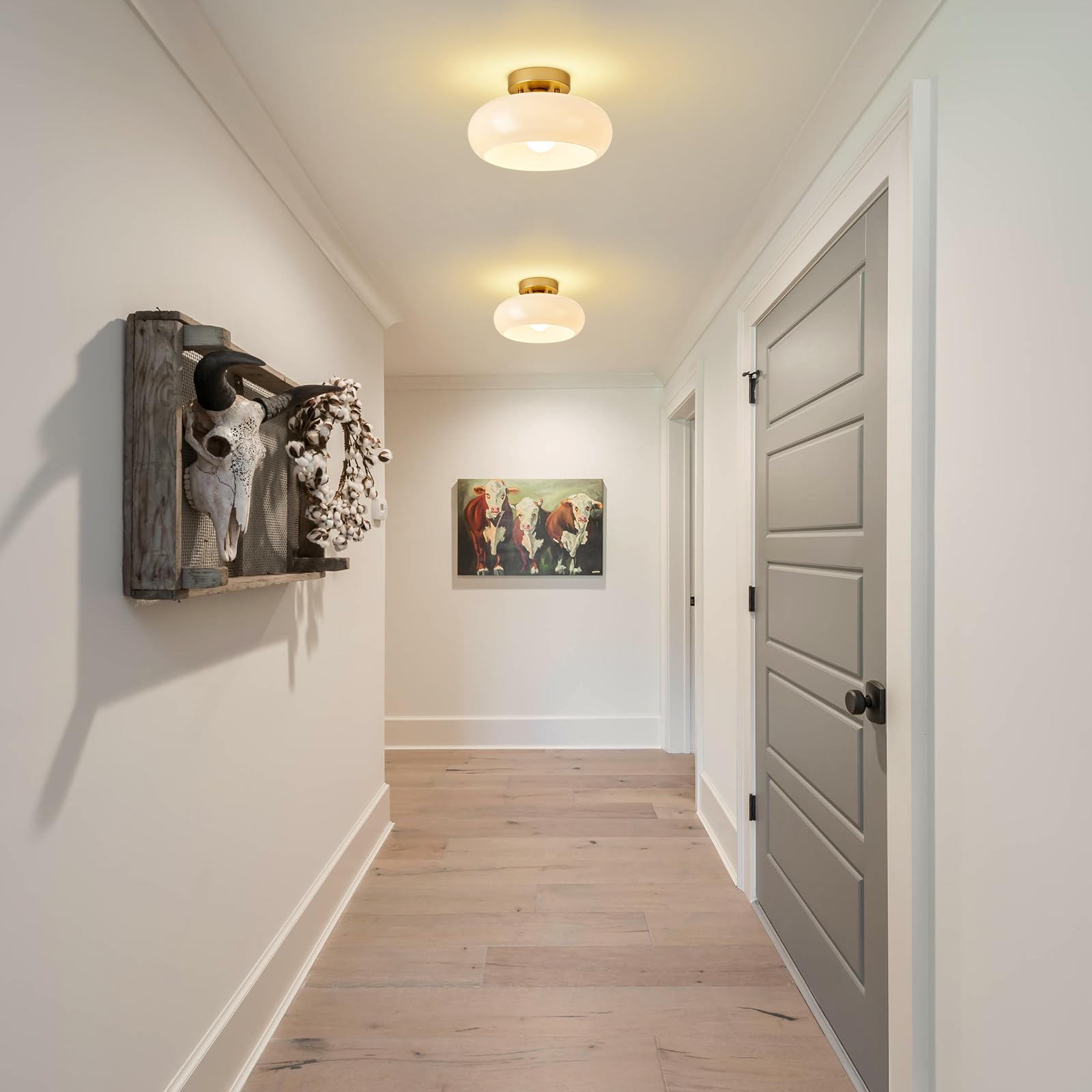 Mid-Century Modern Gold Semi Flush Mount Ceiling Light,White Glass Dome Hallway Lighting Fixtures, Metal Close To Ceiling Lamp F