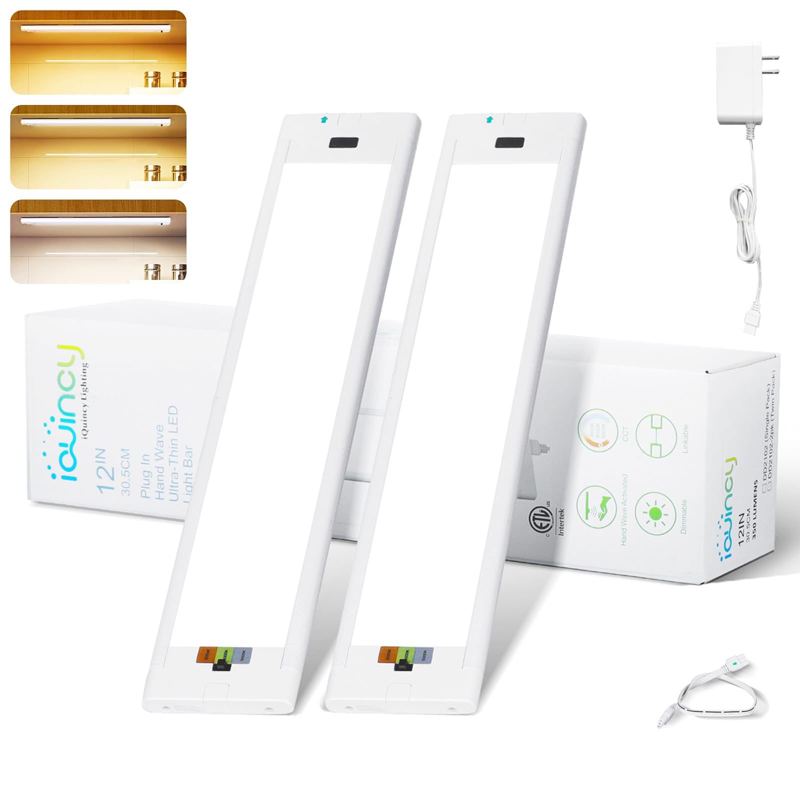 Under Cabinet Lights Plug in 2 Pack, 12 Inch Hand Wave LED Closet Light, 3 Color Temp 3000K/4000K/5000K Dimmable Under Counter L