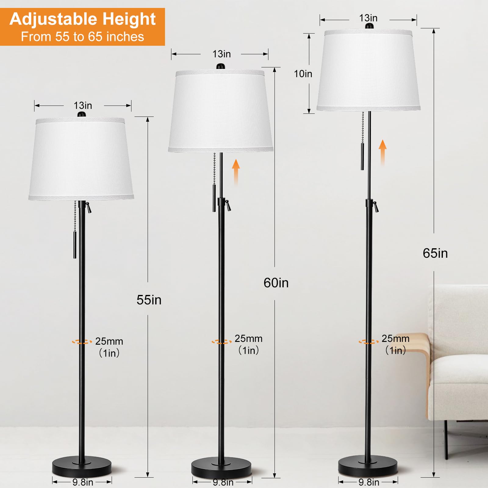 JUNNAI Black Floor Lamp - Adjustable Height, 55-65 inches, Metal & Fabric, Modern Design with White Shade & 9W LED Bulb Included