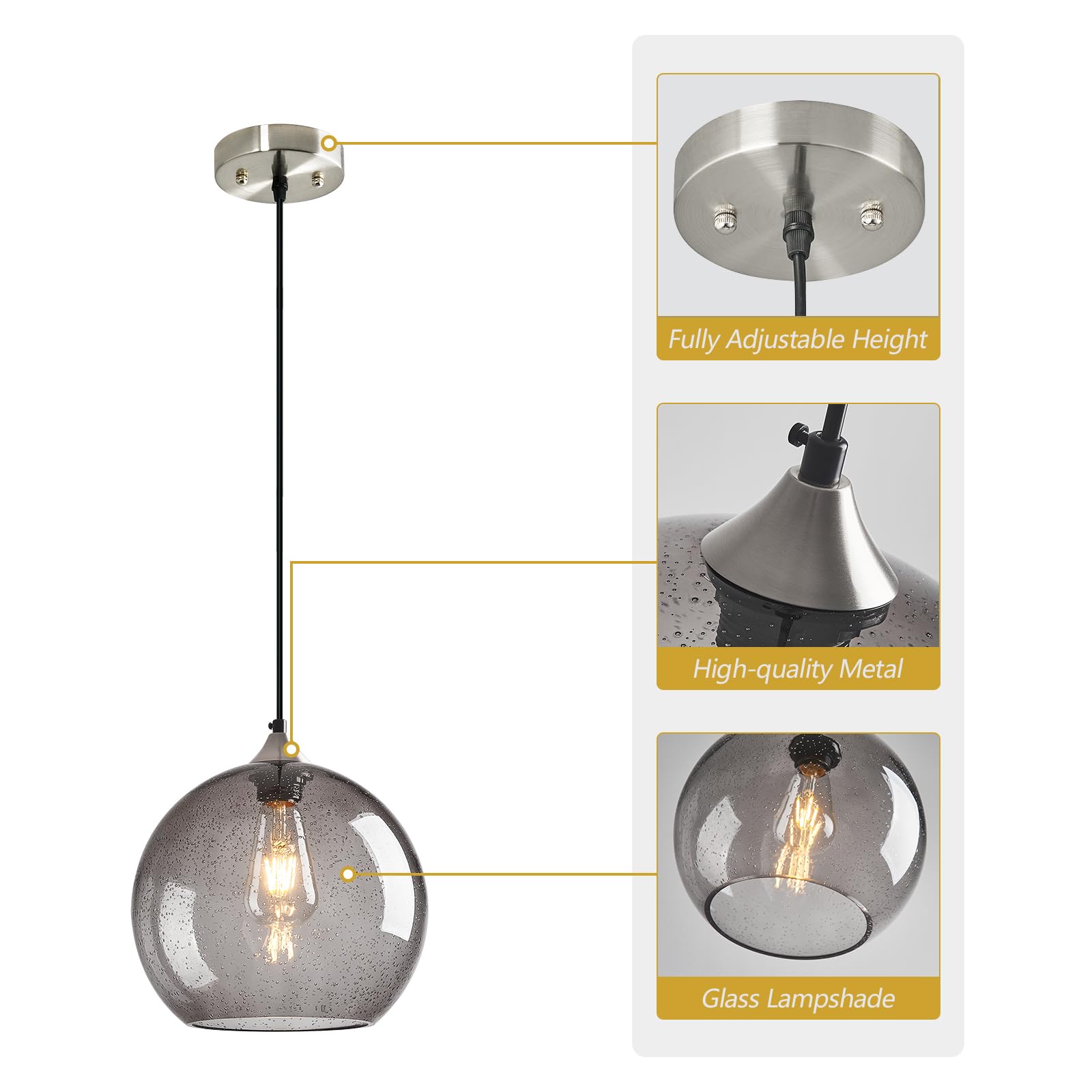 Lbsqj Light Grey Glass Pendant Lights Kitchen Island Globe Pendant Light Fixtures Modern Pendant Lighting For Bedroom Living Dining Room Light Fixture (9.84 In  3 Pack)