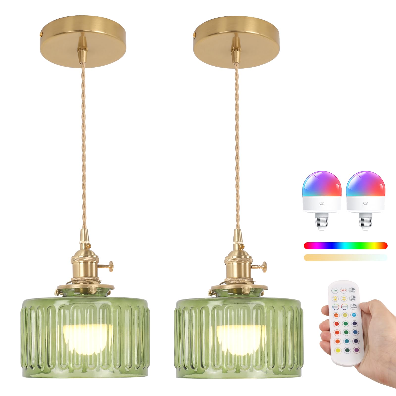 Shenmoyl Battery Operated Pendant Light, 2 Pack, Green Striped Glass, Rechargeable with Remote Control, Model 776914ca
