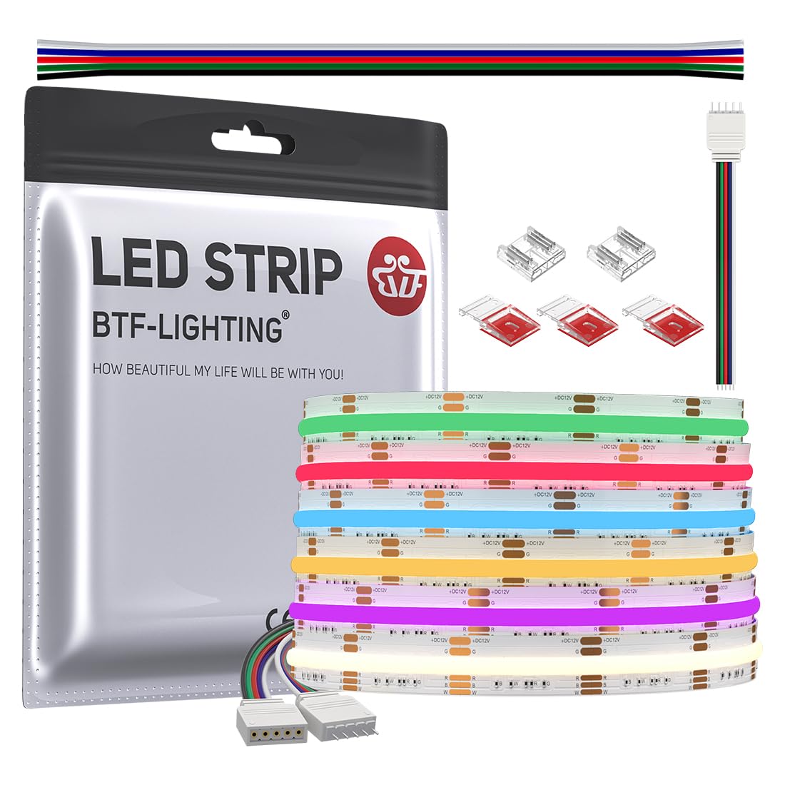 BTF-LIGHTING FCOB COB LED Strip 16.4FT DC12V RGBW 4000K High Density Plastic Light for Indoor Decoration
