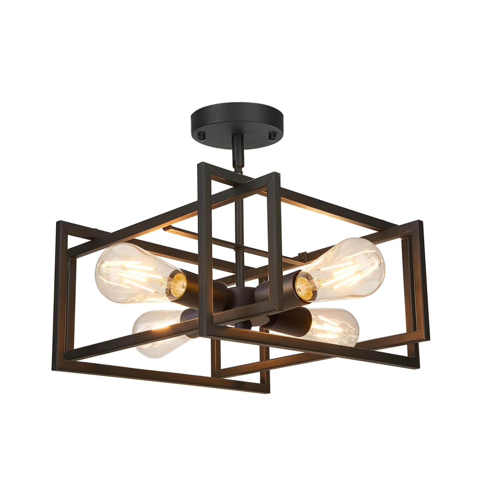 Fadimikoo 4-Light Semi Flush Mount Kitchen Ceiling Light Fixture, Black Metal, Modern Rectangle Frame, Ideal For Bedroom And Hallway