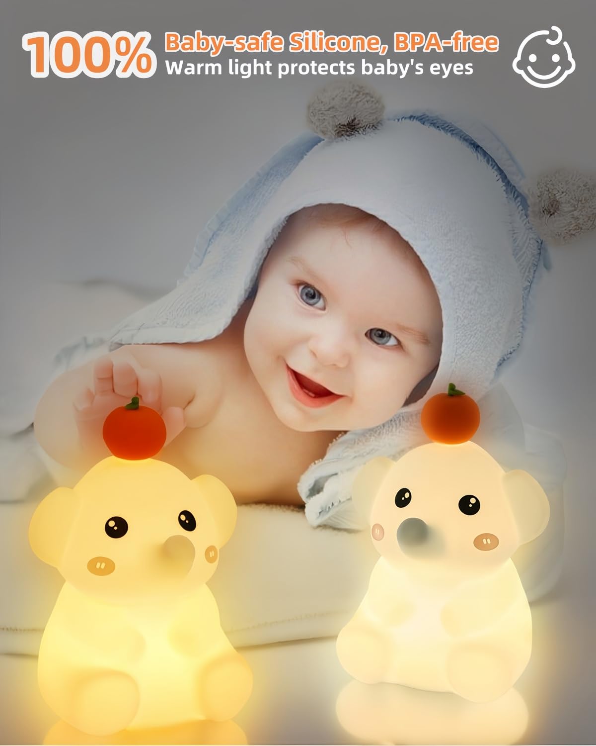 Emmanoth LED Elephant Night Light, Cute Squishy Elephant Lamp, Silicone Night Light for Baby Nursery, Rechargeable Dimmable Kids