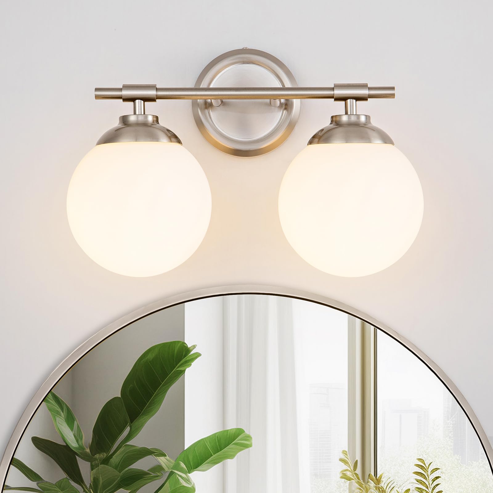 Rayogale Sand Nickel Bathroom Light Fixtures, 2 Light Vanity Lights Over Mirror, Mid Century Vanity Lights For Bathroom, Milk Wh