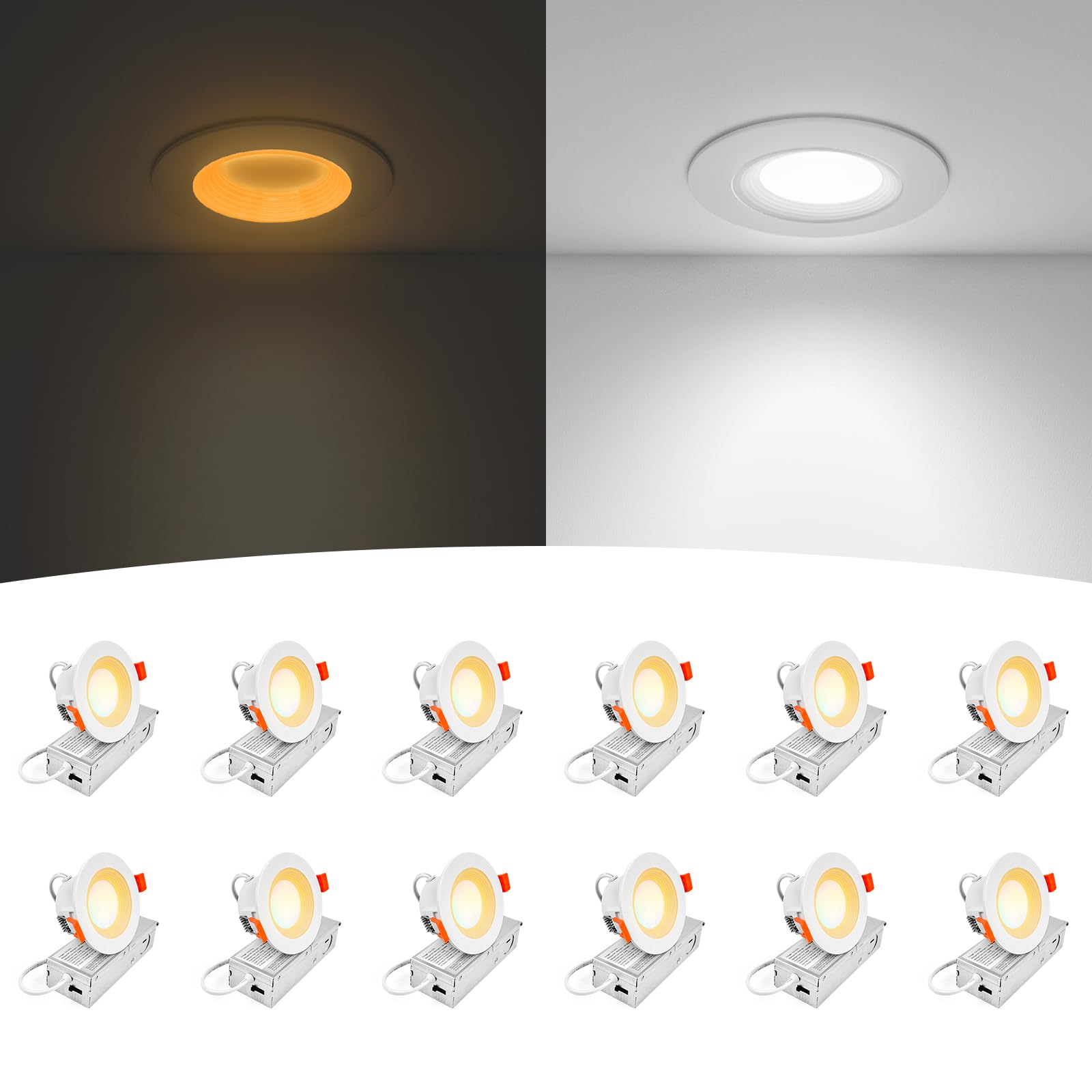 Comiled 12-Pack 3 Inch Anti-Glare Recessed LED Lights with Night Light, Deep Baffle Downlight, Dimmable, 2700K-5000K 5CCT Select