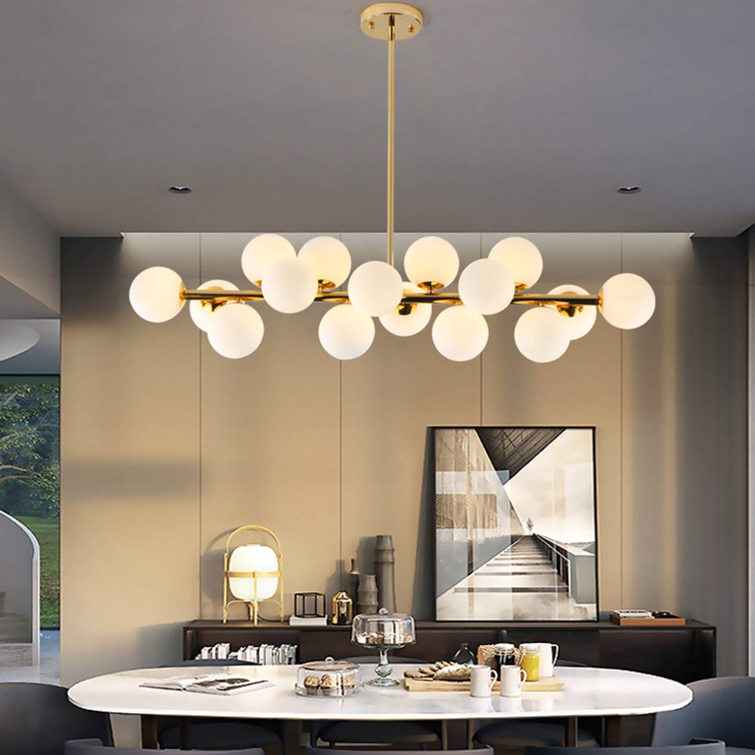 CROSSIO Gold Chandelier Pendant Light Fixture, Post-Modern Design, Milky White Lampshade, Model CRO-1102-IO for Kitchen Island Dining Room
