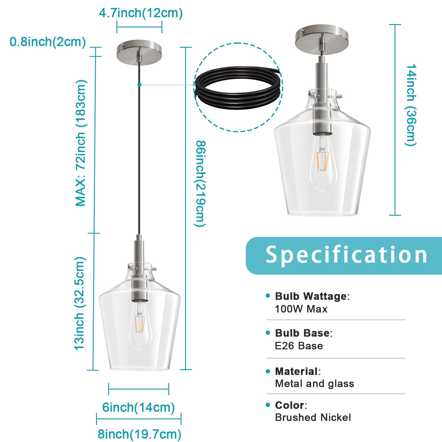 Vaziden Modern Glass Pendant Lighting For Kitchen Island  Farmhouse Nickel Pendant Light Fixtures 1 Pack  Adjustable Hanging Ceiling Light Angled Clear Glass Shades 8 Inch