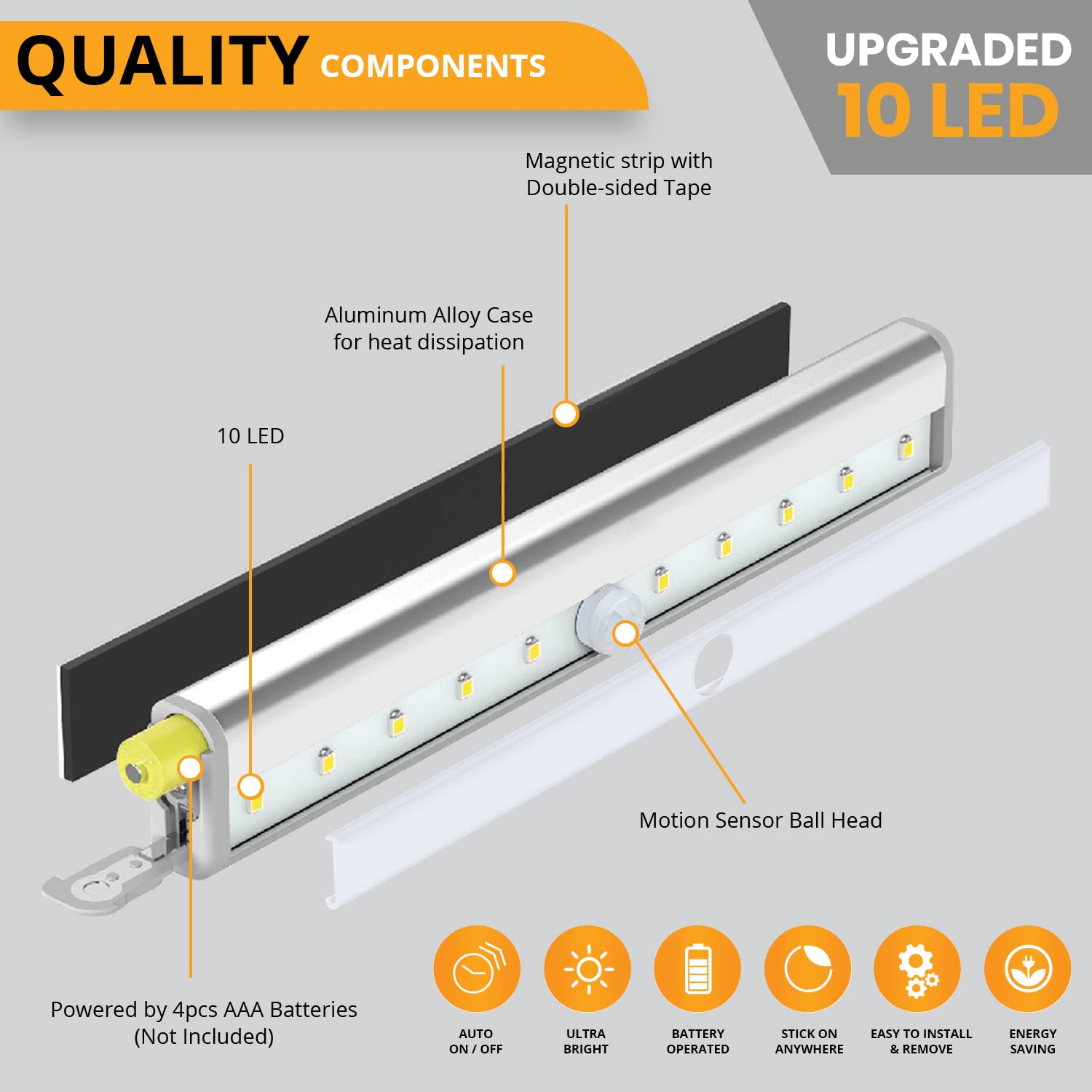 PeakPlus LED Motion Sensor Light, 10-LED Battery Operated Under Cabinet Lights, Silver, Model PPMSUCLP4, 4 Pack