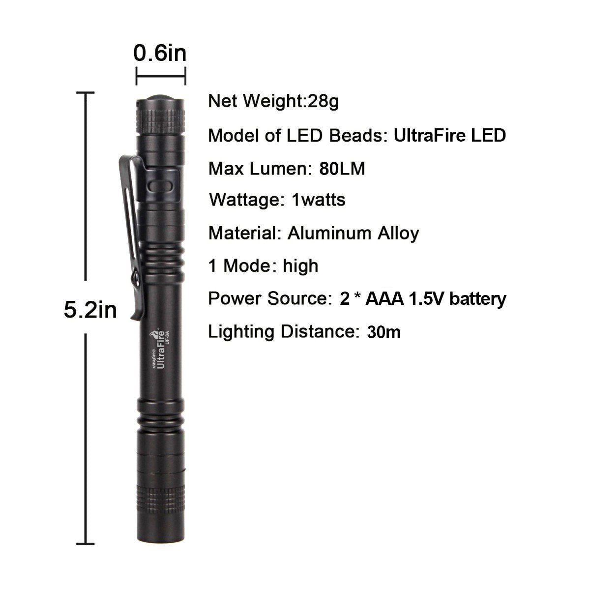 ULTRAFIRE Pocket-Sized Flashlight UF-3AL, 80 Lumens, Black, Aluminum, 5 Pack