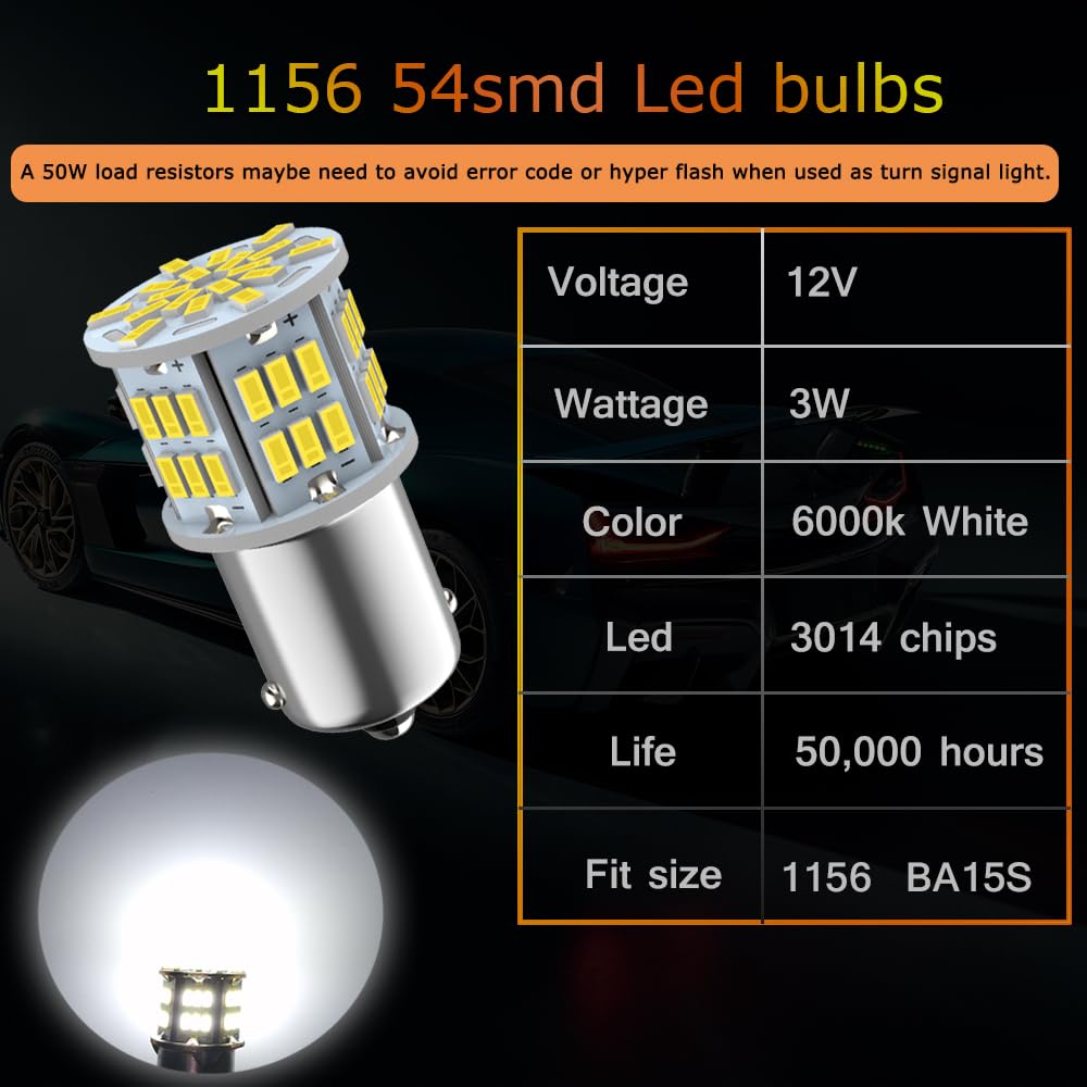 Melphan-Auto 1156 LED Bulbs 54-SMD for Backup Lights, 12V-24V, 4pcs White, Model 1156-54-4