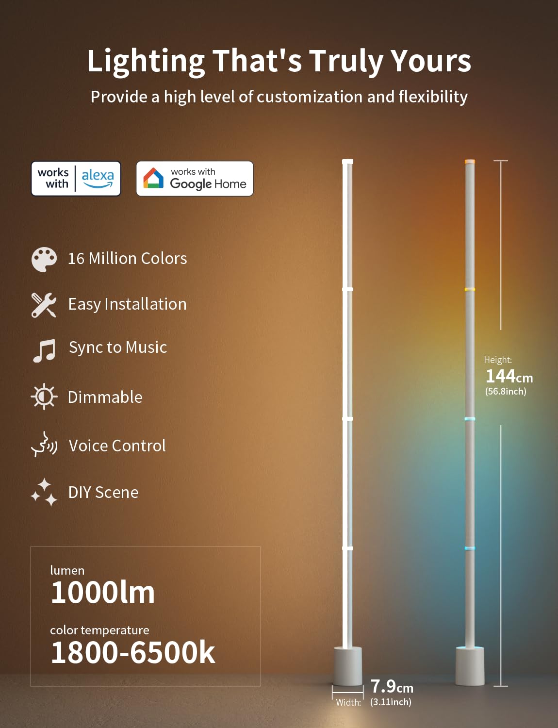 Ailofy Smart Corner Floor Lamp - LED, Alexa Control, 16 Million Colors, Music Sync, RGBWFL, White