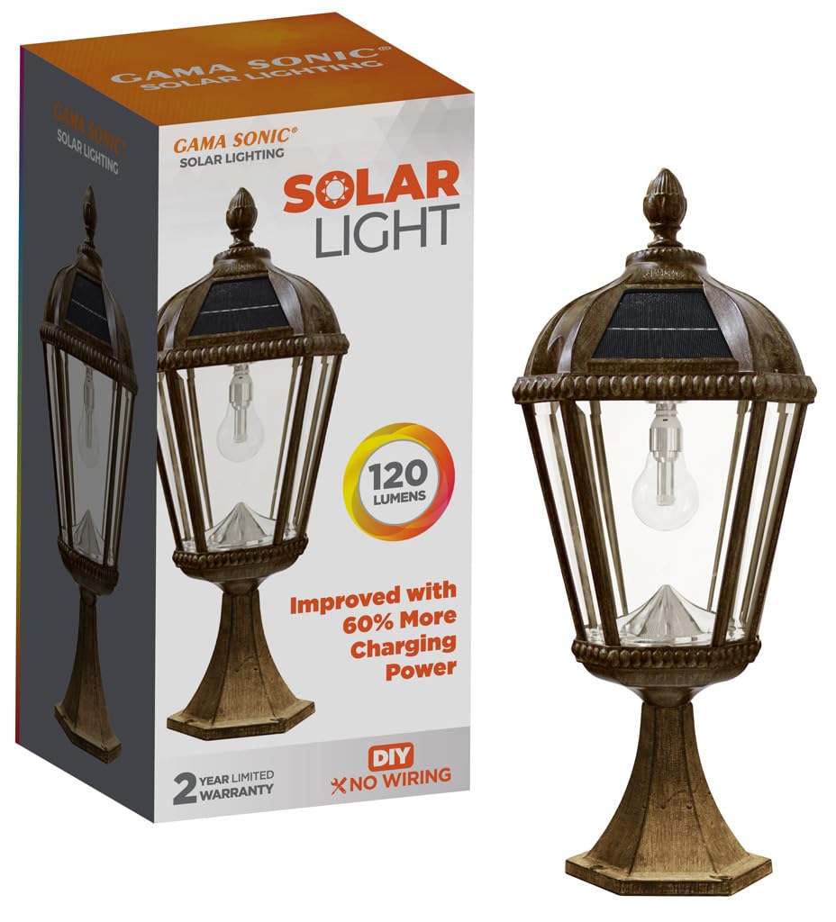 Gama Sonic Outdoor Solar Post Light with Pier Base, Weathered Bronze Finish Aluminum and Beveled Glass, Royal Bulb 150 Lumens Wa