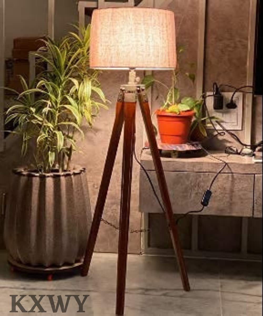KXWY Tripod Floor Lamp | Antique Designed Jute Fabric With Khadi Shade Decorative Wooden Crafter Standing LED Floor Lamp For Liv
