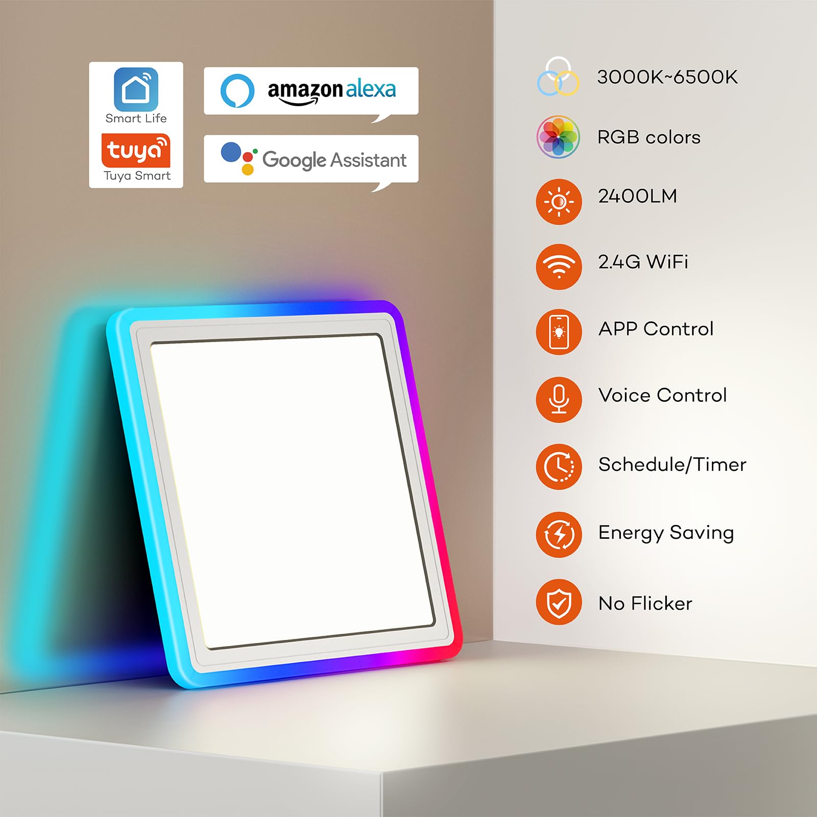 Annaror Smart LED Ceiling Light, 13in RGB Flush Mount, WiFi, Remote, Compatible with Alexa, White, Model LS-A-I3-24W-Dim-APPWYRGB