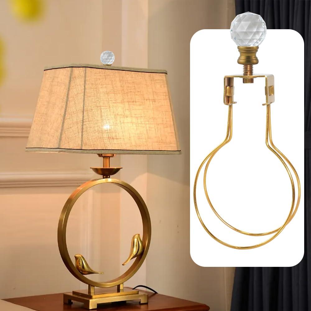 Asjeumt 2 Pieces Lamp Shade Light Bulb Clip Adapter Kit, Antique Gold Lampshade Holder With Crystals Top Finial, No Harp Require