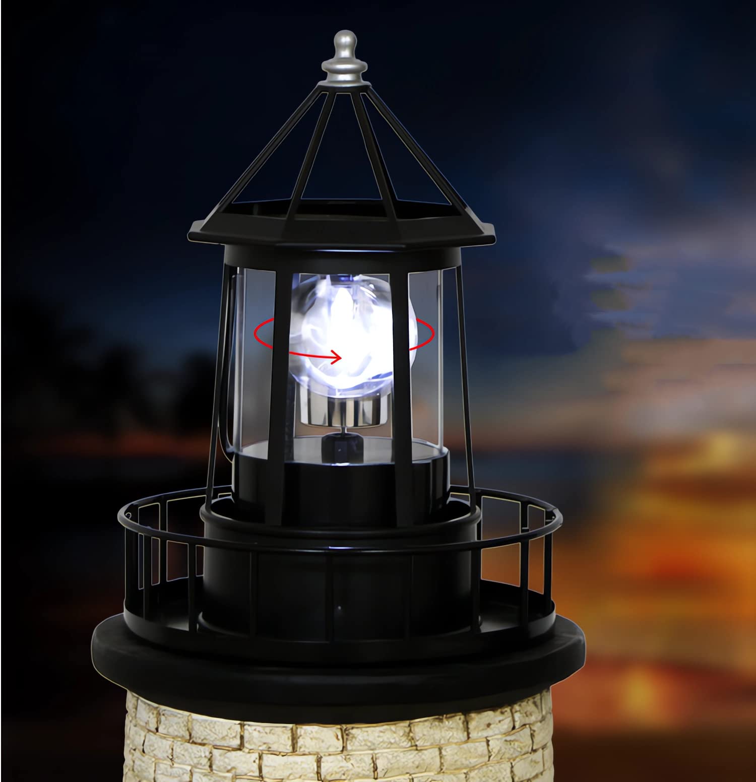 Enajucy Solar Lighthouse Rotating Light - IP65 Waterproof Black Large Outdoor Lamp for Garden, Patio, Pathway - Style B