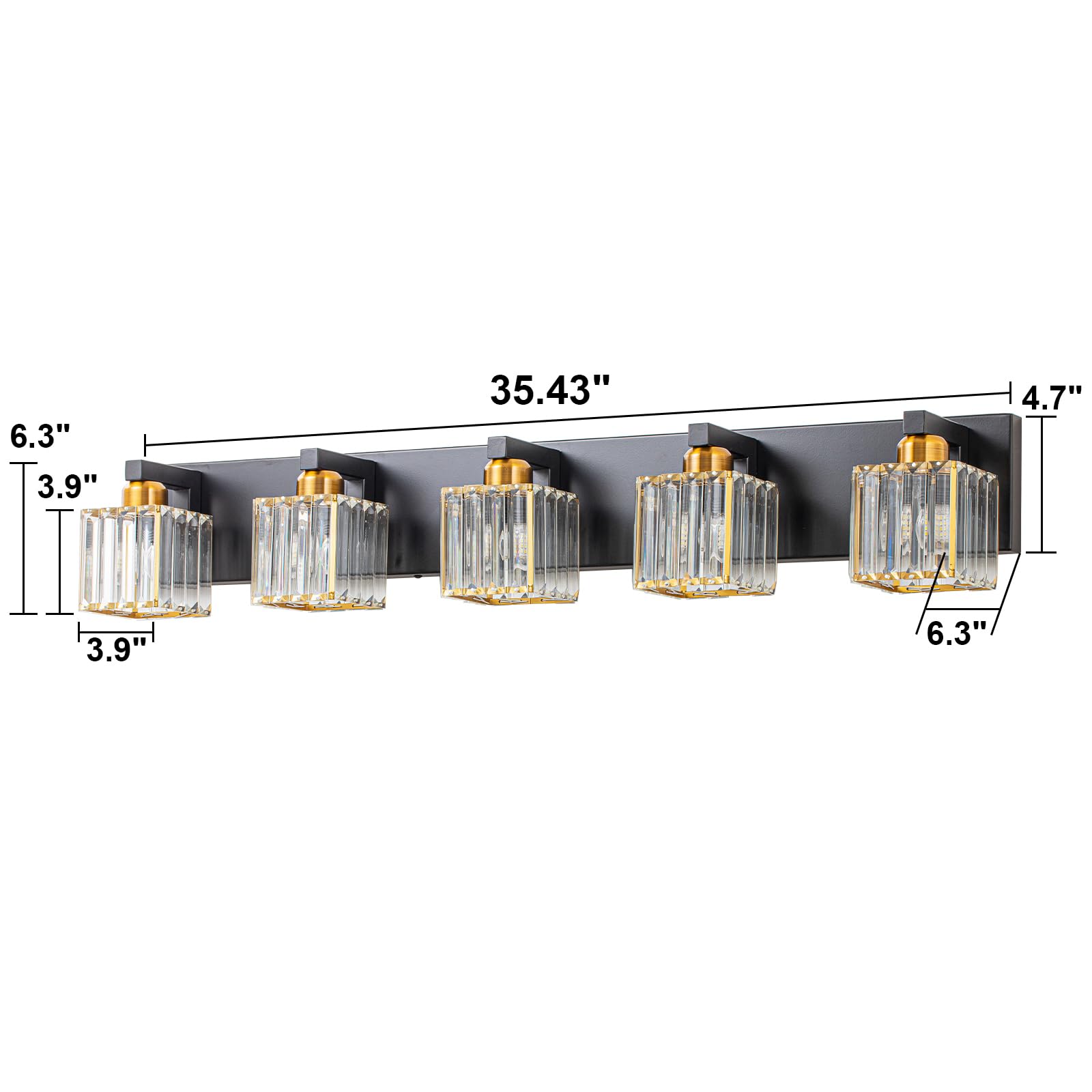 Huoku Crystal Black Gold Bathroom Vanity Light, 5-Lights Bathroom Lighting Fixtures Over Mirror Modern Glam Crystal Wall Lightin