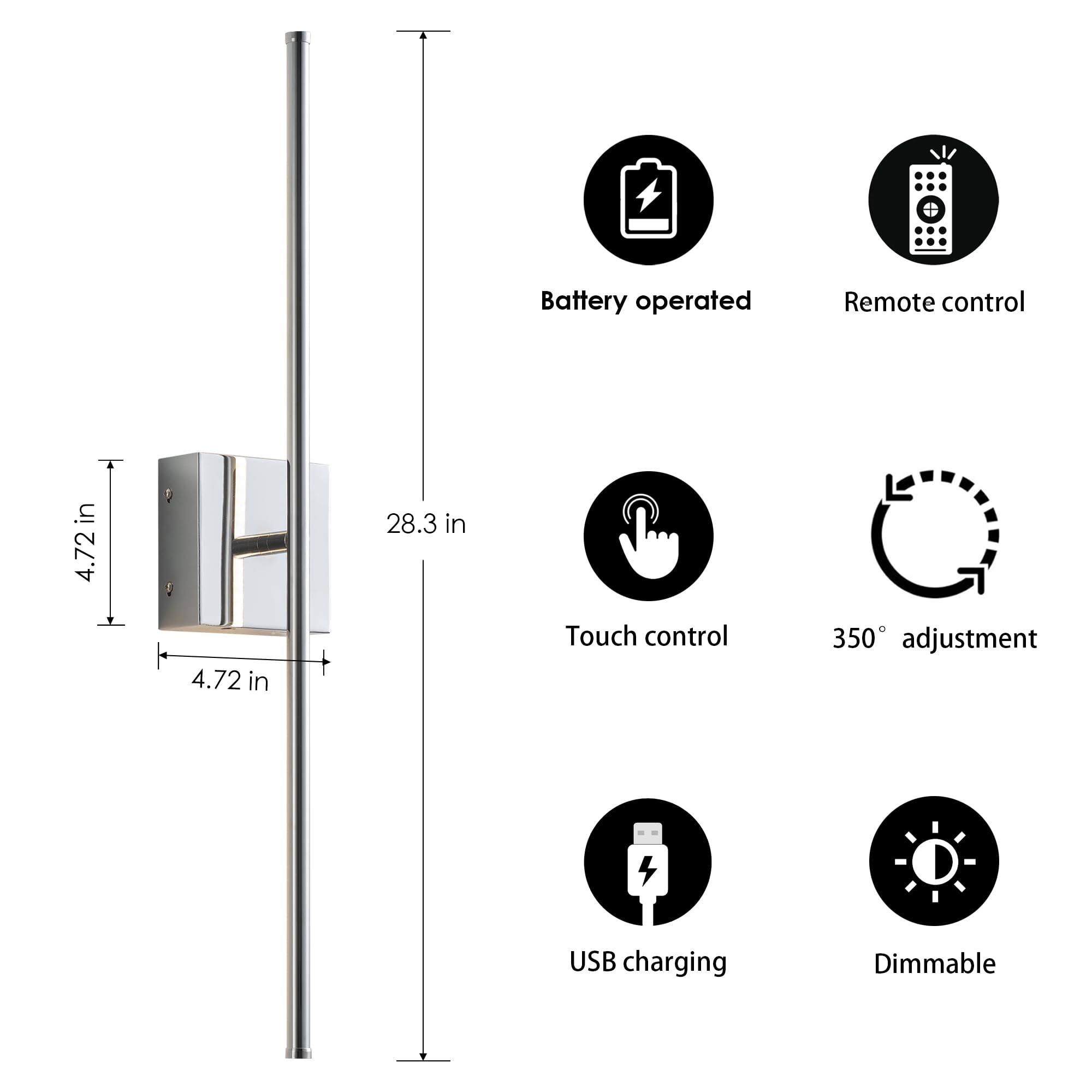 KARTOOSH Wall Sconces, Battery Operated, Dimmable, 350° Rotate, 28.3 Inch, Chrome, Model ZM210BCM, Set of Two