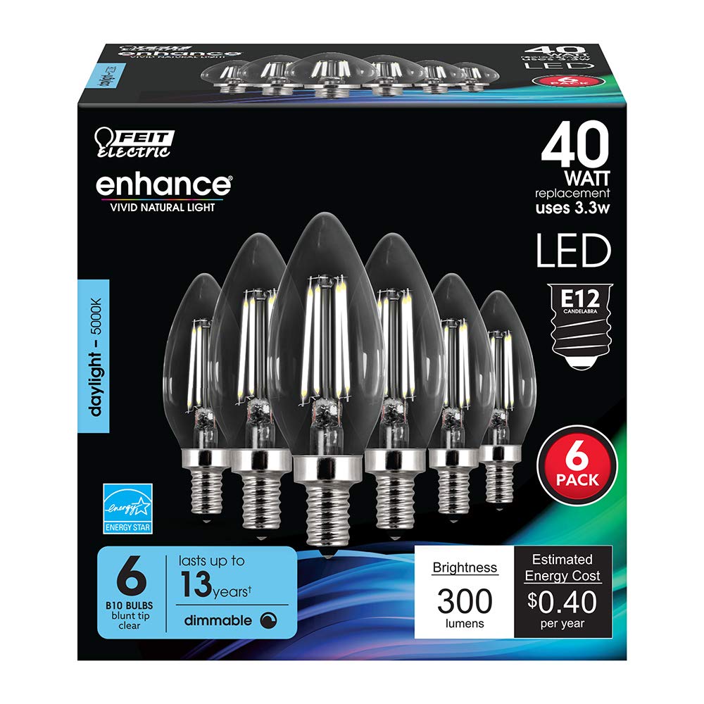 Feit Electric 40W Equivalent Candelabra Led Light Bulb, Dimmable, E12 Base, 5000K Daylight, B10 Filament Torpedo Tip Decorative